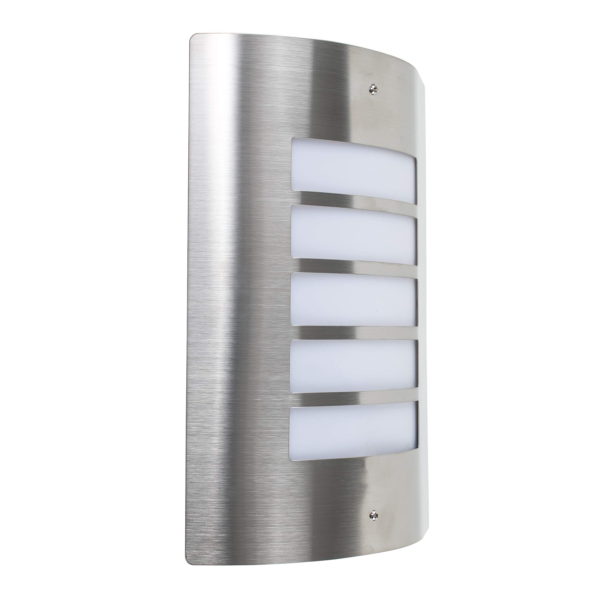MiniSun | Modern Stainless Steel and Frosted Opal Lens Curved Wall Mounted Security Light | Outdoor Wall Lights, Home Décor Essential | Includes 15W LED Bulb [6500K Cool White] | Mains Wired