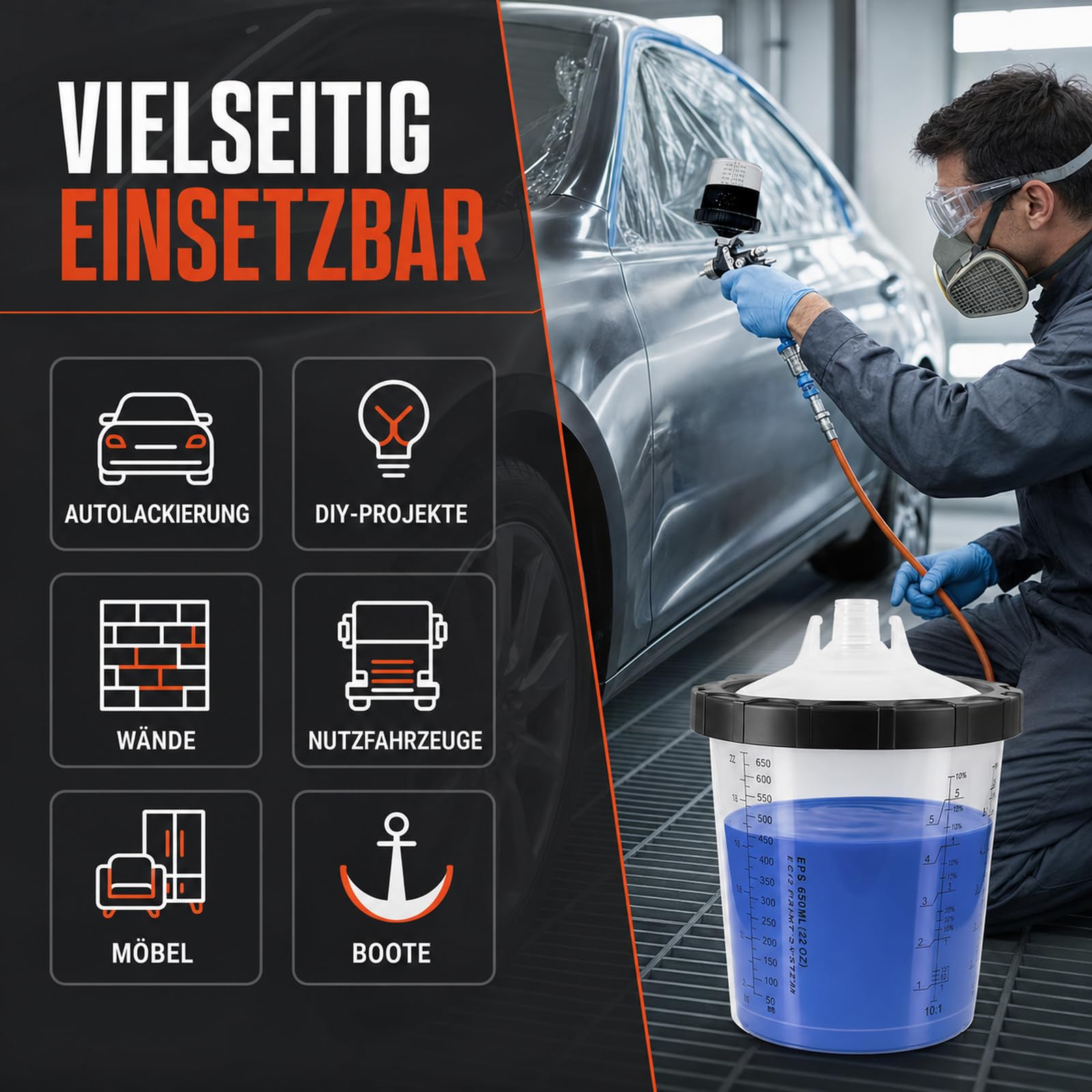 Lackierbecher Set 650 ml, 45 Einwegbecher für HVLP-Lackierpistolen | Enthält 45 Filterdeckel mit 125-μm-Filter, 20 Stopfen und 1 Hartbecher zum Mischen, Filtern, Sprühen und Aufbewahren