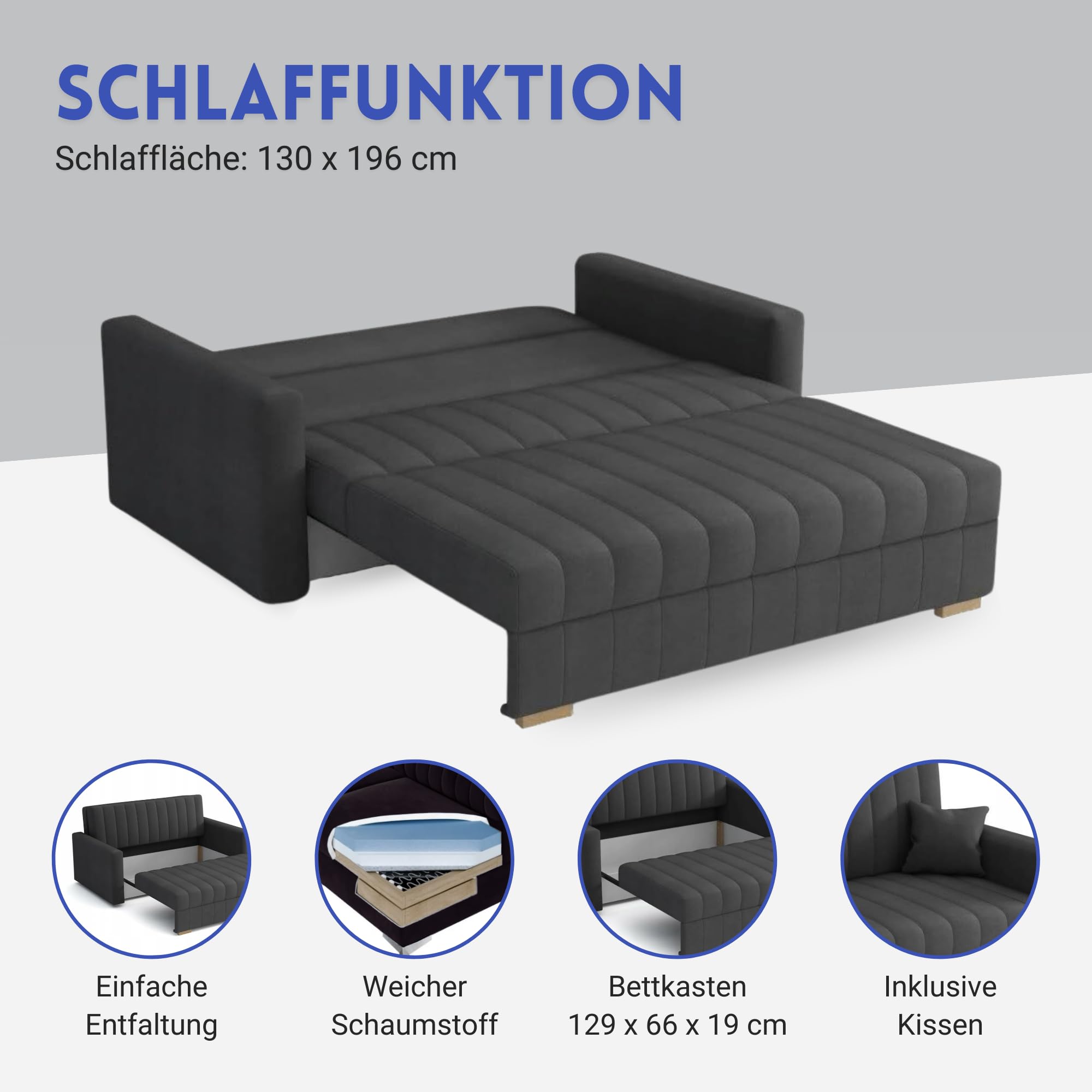 Schlafsofa klein Zanzibar I Sofa 3 Sitzer 153 cm Breit I Sofa mit Schlaffunktion I Schlafsofa mit Bettkasten I Couch mit Schlaffunktion Klein I Grau