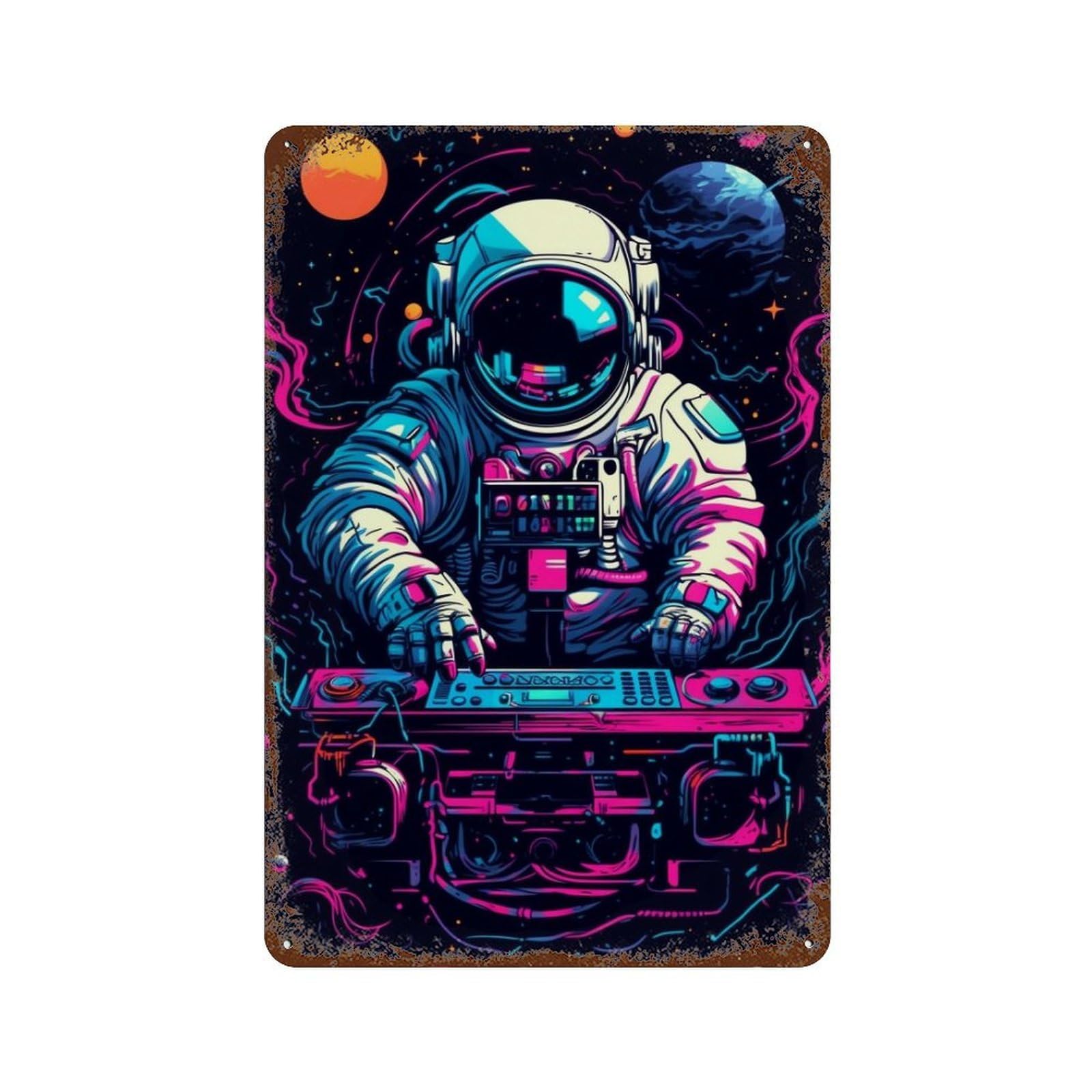 Rust Effect Space DJ Astronaut Weathered Tin Sign 11.8"x7.9", Retro Wall Decor for Garage, Bar And Workshop Decor
