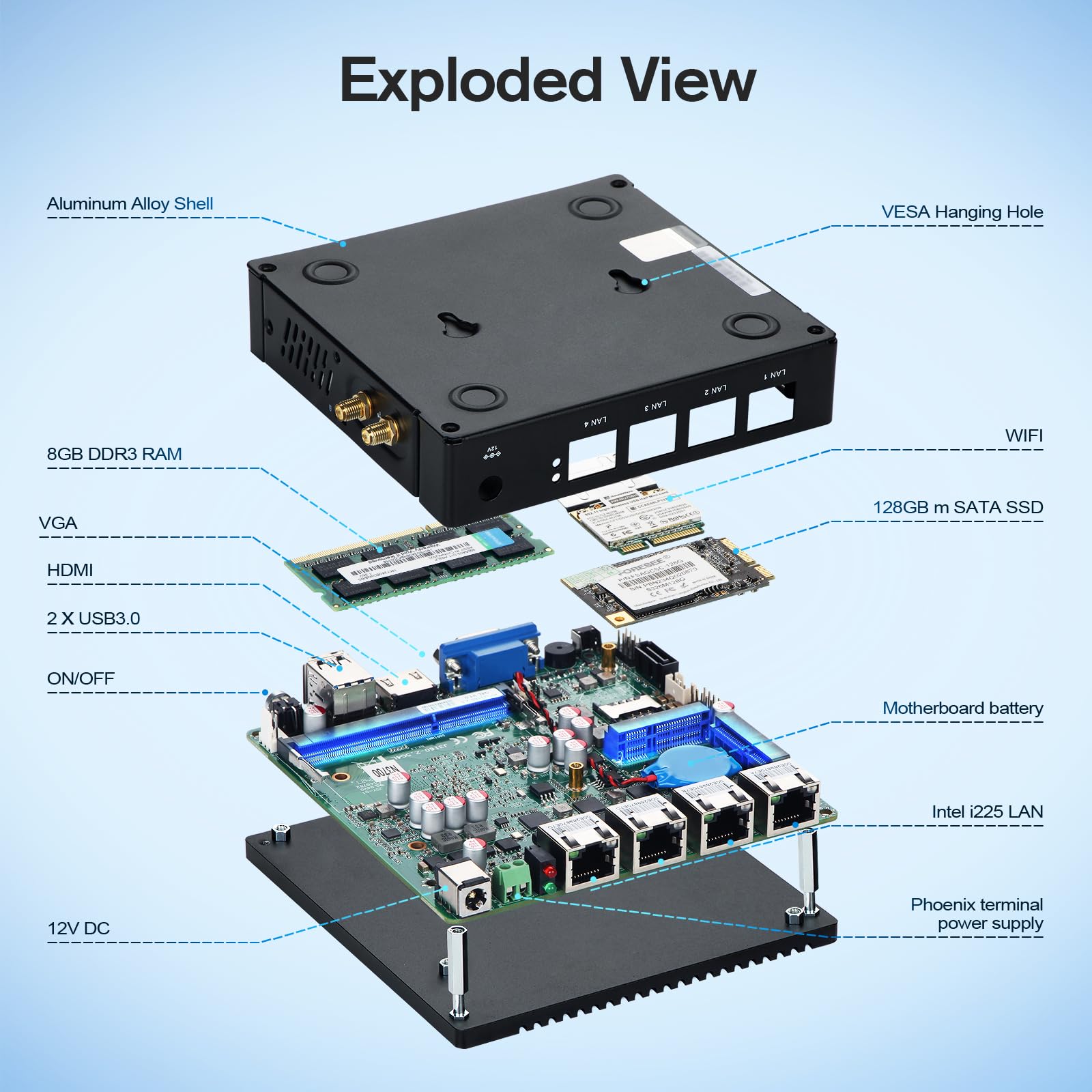 VNOPN Fanless Firewall Appliance Intel J3710 4C/4T, Firewall Mini PC 4 x Intel i226 LAN Ports DDR3 mSATA SSD, Network Gateway Soft Router, Support P-F-Sense AES NI HD/VGA/Wi-Fi (): 8G 128G