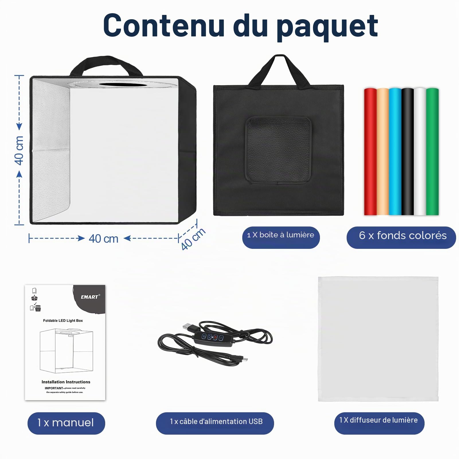 EMART Boîte à Lumière pour Photographie, 40 x 40 cm Boîte à Lumière de Studio Photo, Tente Lumineuse Portable, 144 Lumières LED et 6 Fonds en PVC Imperméables pour Photographie de Produits, Petits