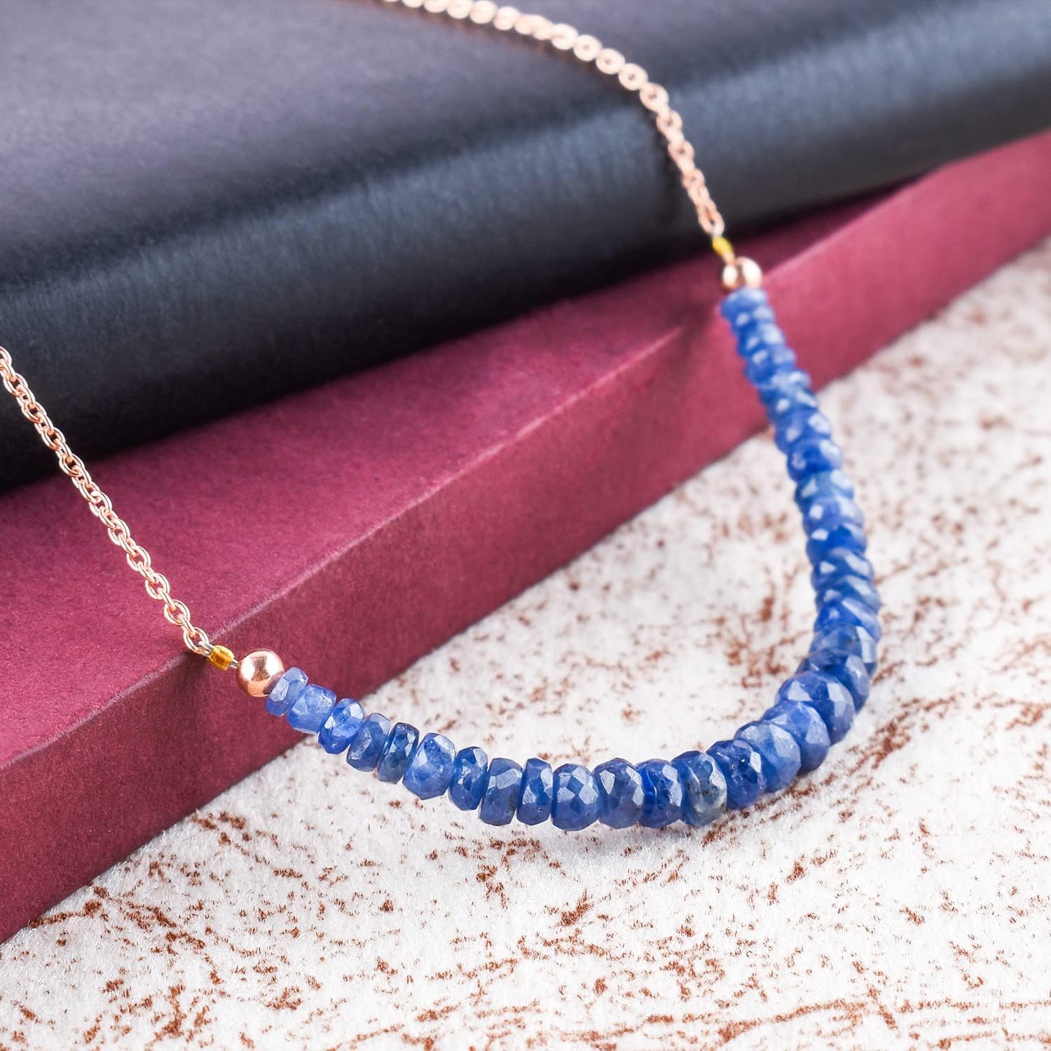 OdrillionGems Natural Blue Sapphire Gemstones Bar Necklace, Faceted Beads, 14K Rose Gold Plated, 925 Sterling Silver, Women Jewerly, September Birthstone, Healing Crystals, Valentine Gift, Size 18" - Image 5