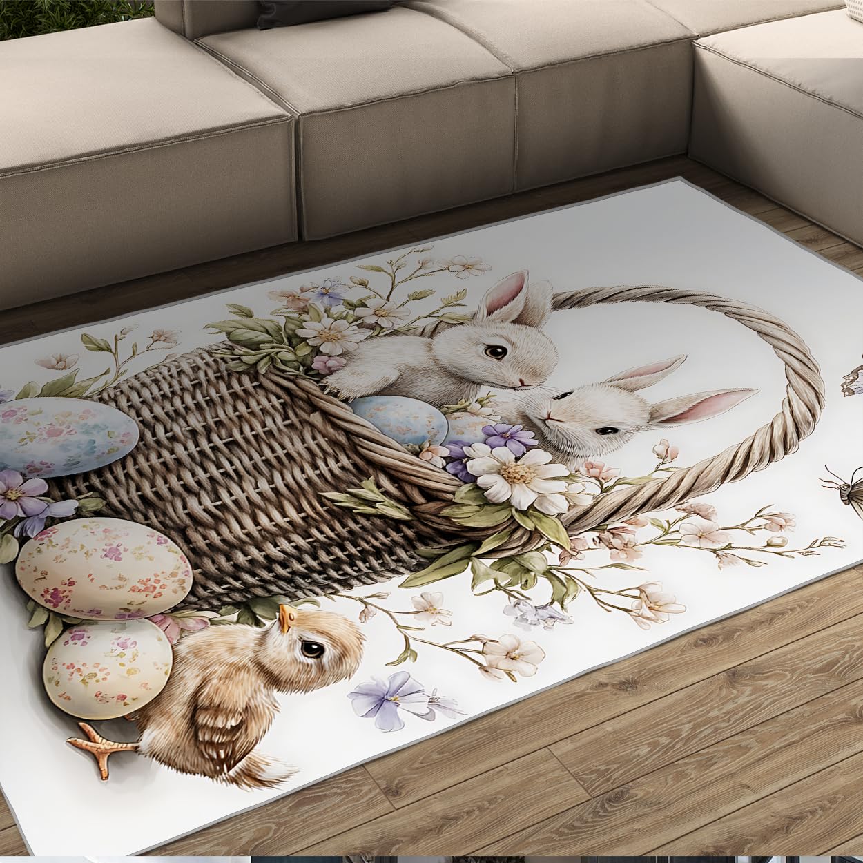 Tapis 60x120cm Blanc Lapins Mignons pour Chambre d'Enfant - Décoration Pâques avec Antidérapant