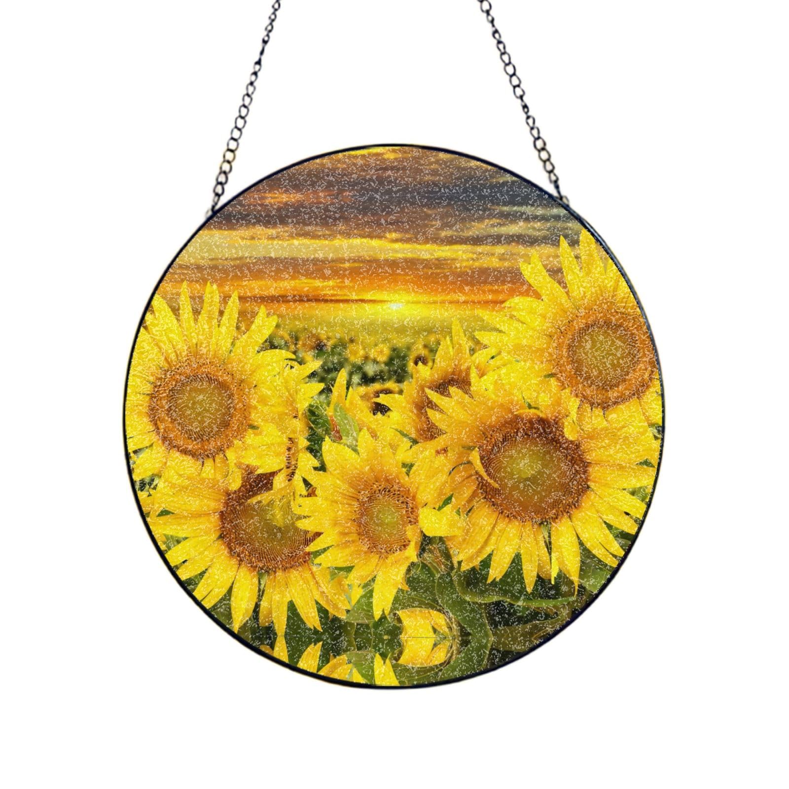 Phayah Sunflower Design Print Glass Window Hanging Round Suncatcher Glass Ornament Garden Wall Fence Decorations Indoor Outdoor 12in（30cm）