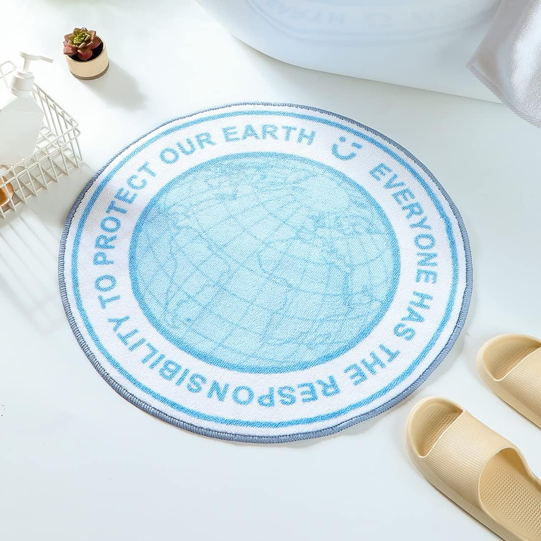 MINISO I Love Earth Round Door Mat 23.6"x23.6", Durable Welcome Mat Low Profile Floor Mat Carpet Front Doormat Indoor Outdoor Door Rug Non Slip Entrance Rugs for Entryway,Living Room,Bedroom
