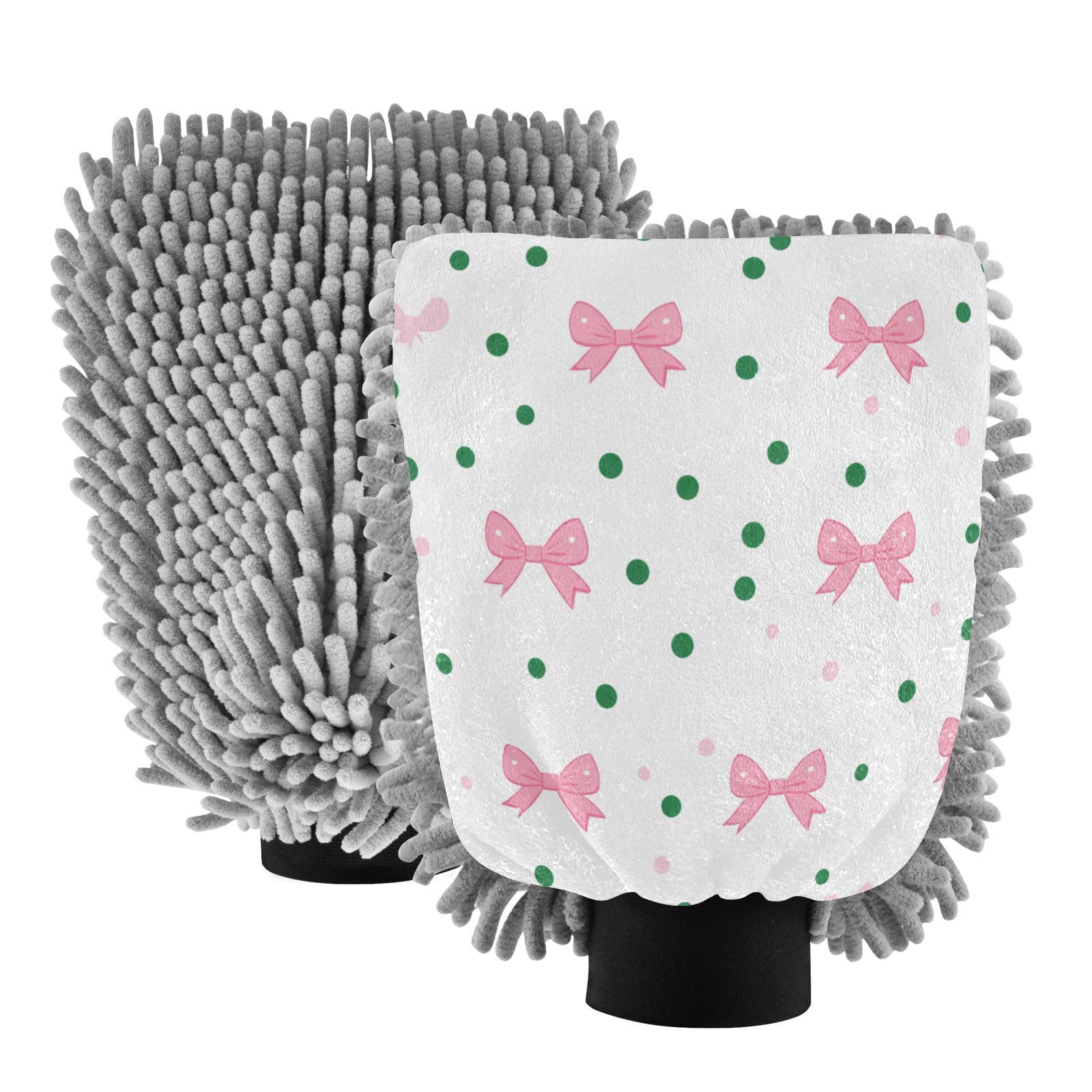 STAYTOP Cute Bow Tie Car Wash Mitt Microfiber, 2Pcs Scratch Free Lint-Free, Premium Chenille Microfiber Mitt Car Wash Brush-M