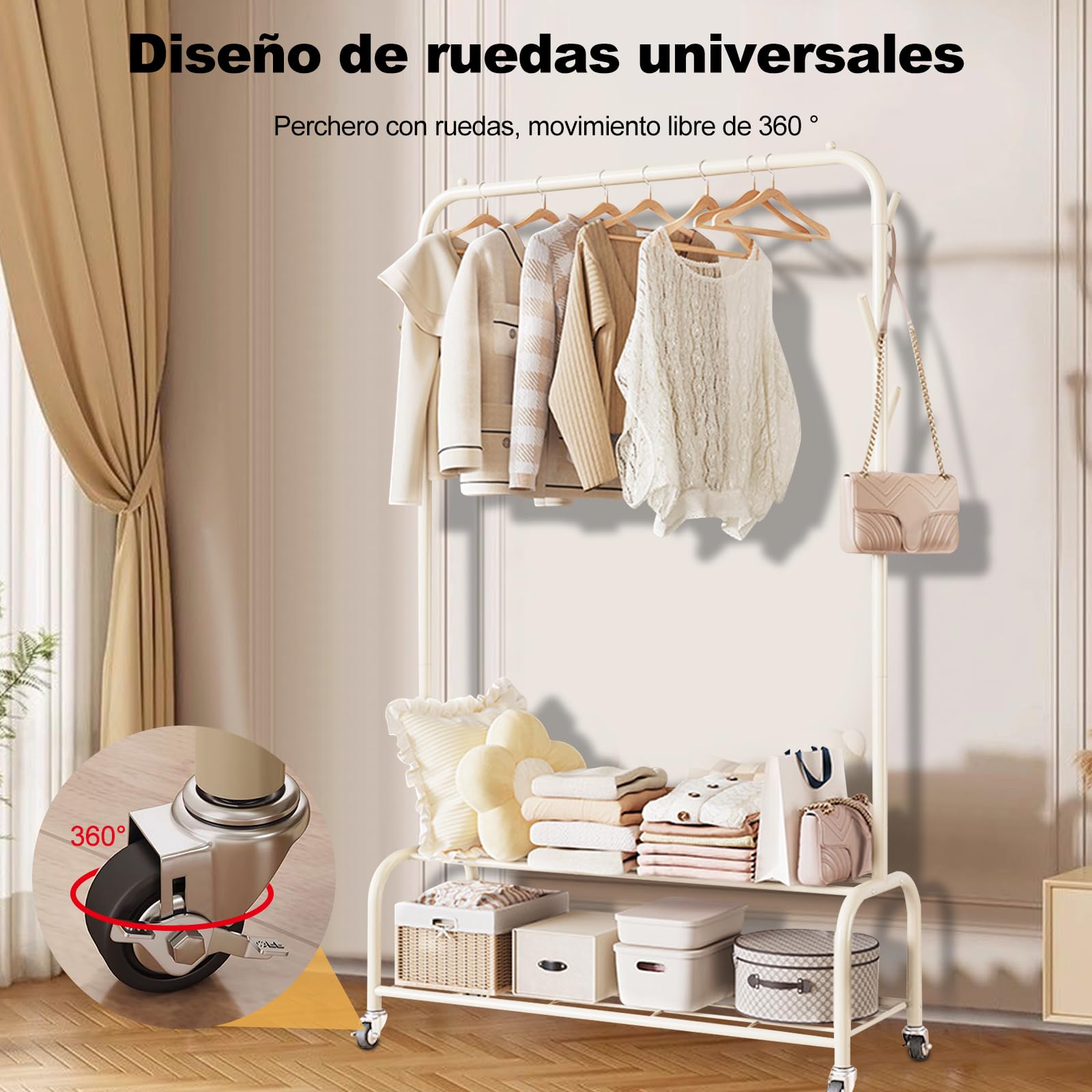 Ergocar Perchero, Perchero Independiente con Ruedas, Multifuncional Burro Ropa de Metálico, Montaje Fácil, para Ropa, Bolsos, Sombreros, Zapatos