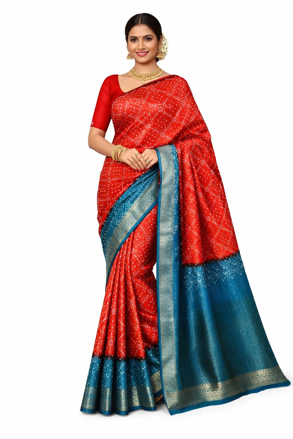 Traditional Bandhani Silk Saree with Zari Border | Ethnic Bandhej Silk Saree for Wedding & Festivals | 5.5Mtr with Unstitched Blouse Piece (Red & Peacock Blue)-image-22