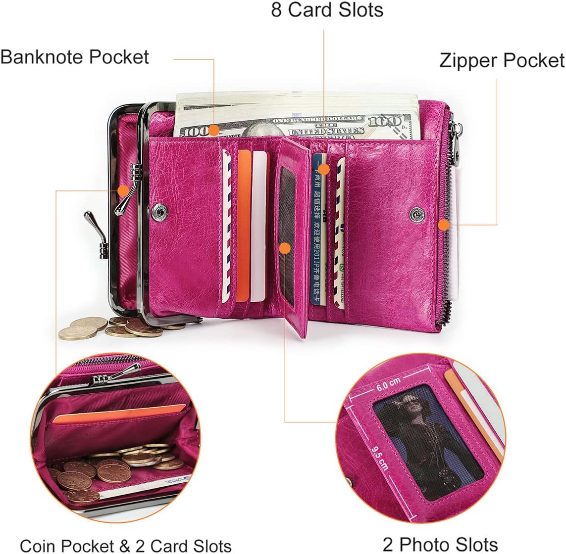 CONTACTS Womens Kiss Lock Wallet Leather Small Zipper Coin Purse for Women Bifold Rfid Clasp Wallet Card Holder with Photo Window