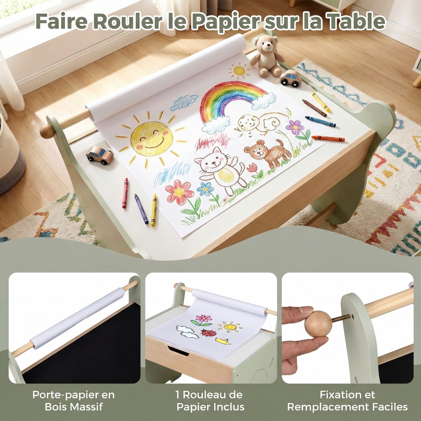COSTWAY 4 en 1 Table Enfant avec Chaise en Forme d'Eléphant, Table et Chaise en Bois avec Tableau Amovible & Porte-Rouleau de Papier, Charge 40/100 kg
