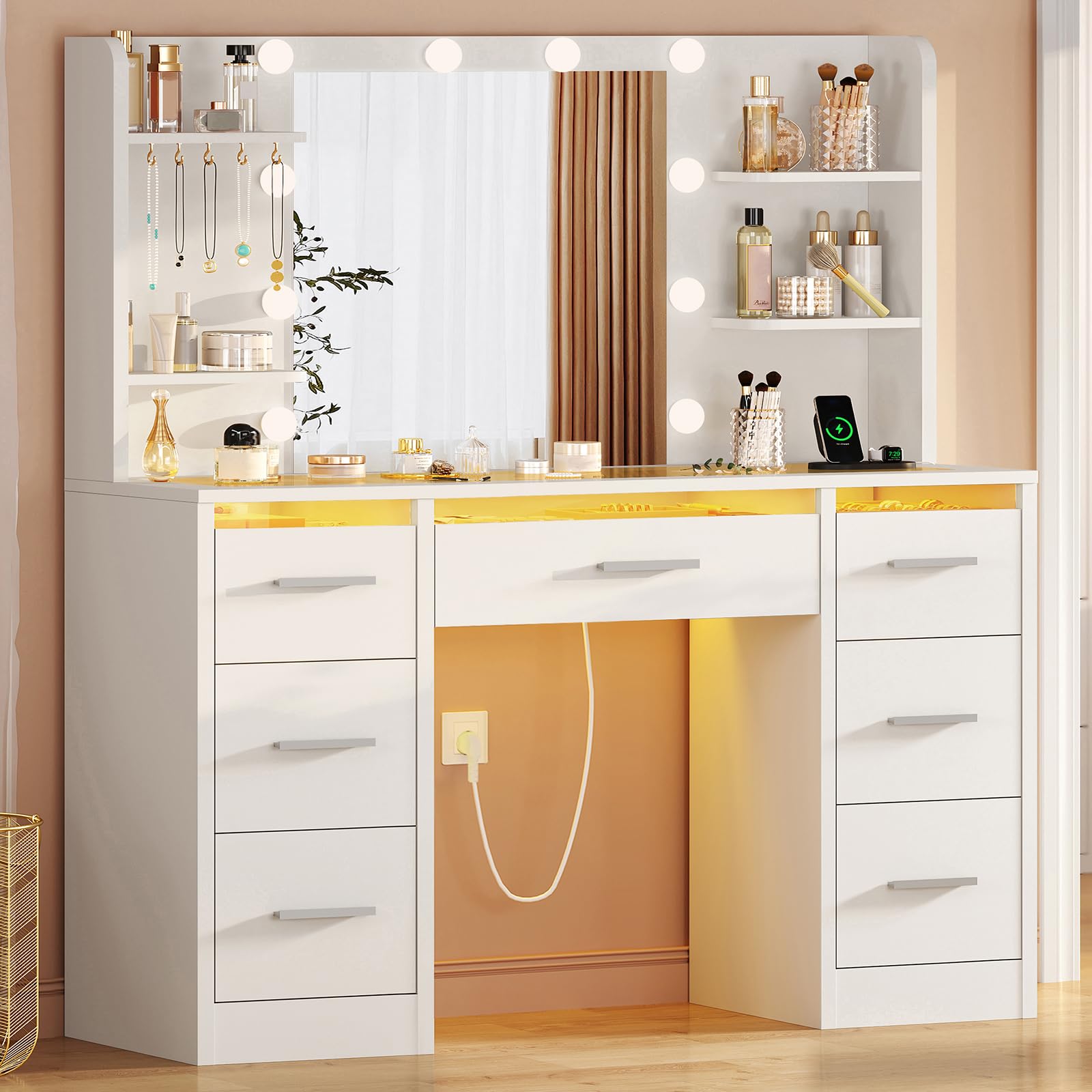 TEENFON Tocador de Maquillaje con Luces LED Regulables y enchufes, Mesa de Maquillaje con Espejo, 4 estantes Abiertos y 5 Ganchos para Joyas, Blanco, Tocador con 7 Cajones+RGB Tapa de Cristal