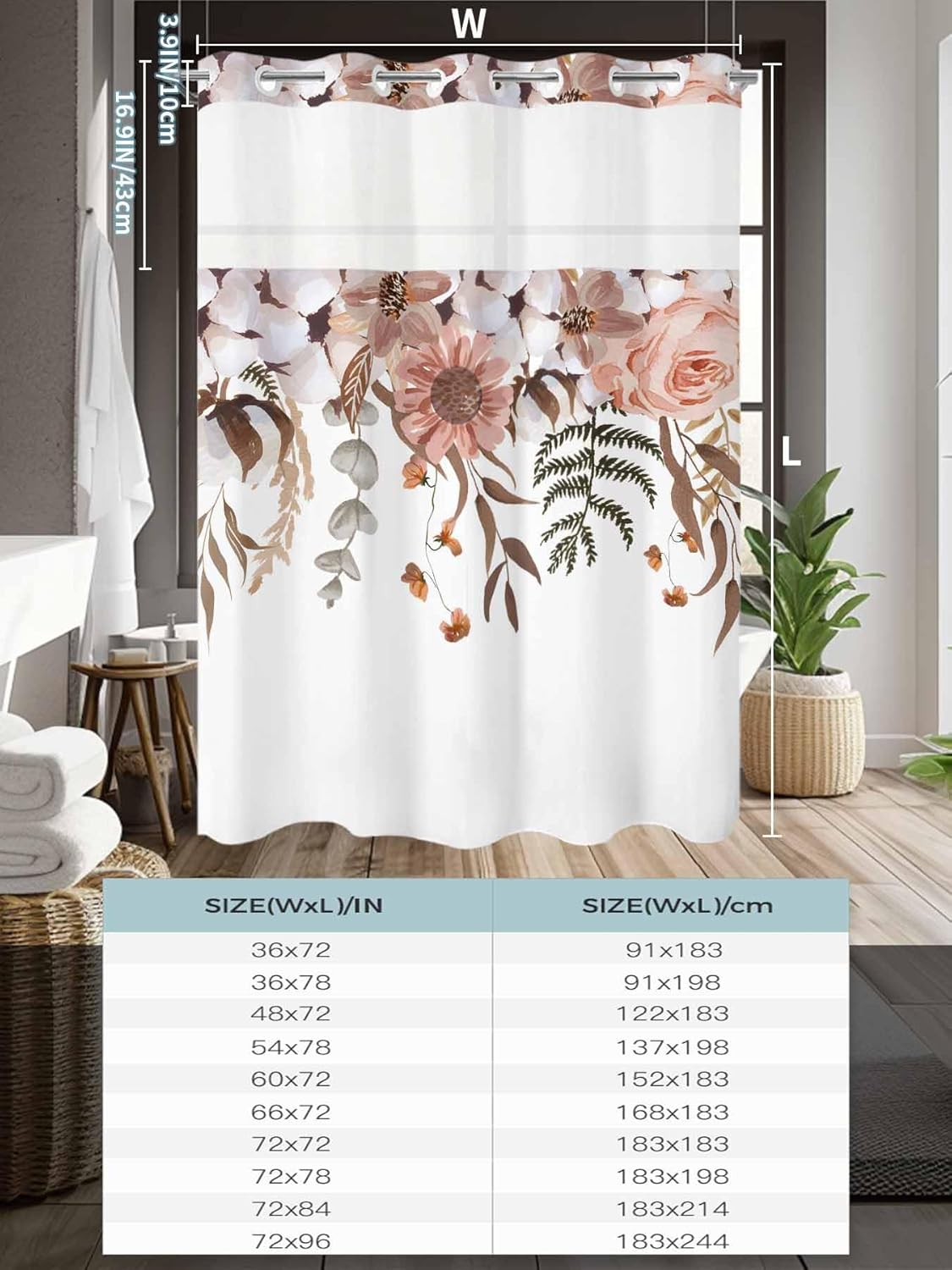 No Hook Shower Curtains with Snap in Liner, Eucalyptus Floral Waterproof Fabric Shower Curtain, Rustic Vintage Botanical Leaves Plant Brown Double Layers See-Through Top Window Bathroom Curtains 36x72
