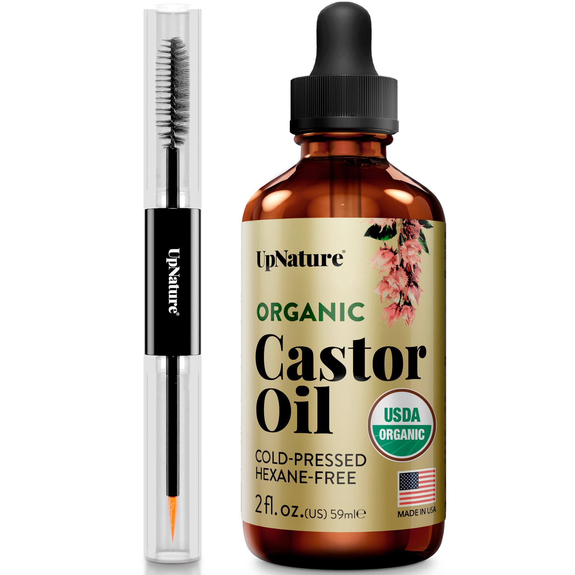 UpNature Organic Castor Oil Lash Serum for Eyelashes and Eyebrows Growth - 100% Pure Cold Pressed Hexane-Free (2oz Glass Bottle)