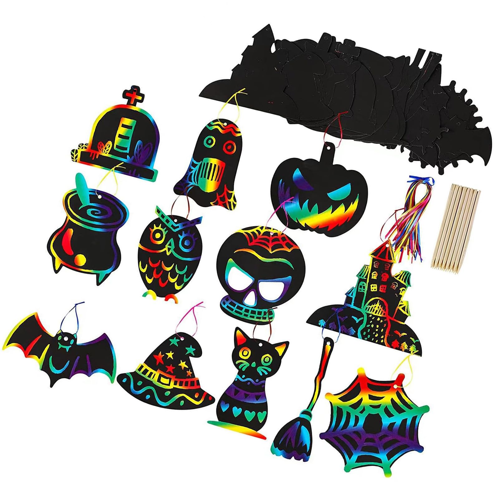 Hsioluted 48-Piece Rainbow Scratch-Off Craft Set: Halloween Creative Play Supplies with Ribbon Bookmarks & Art Tools Magical Rainbows Craft Bookmarks
