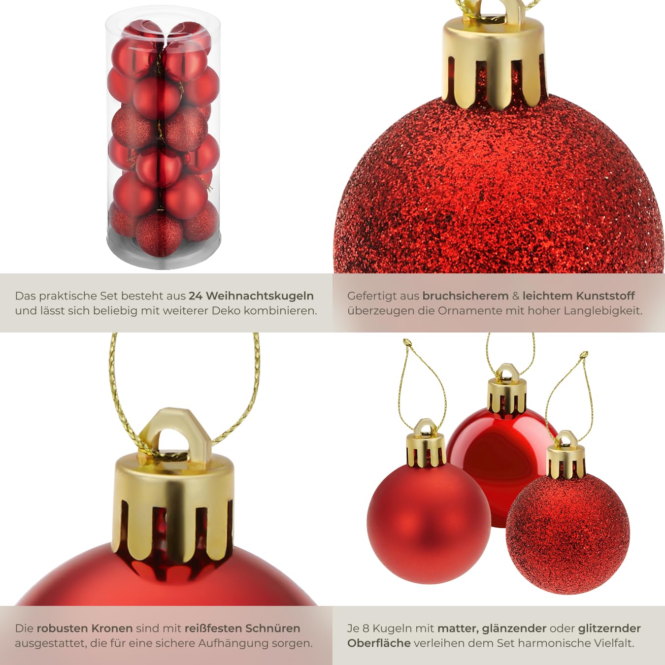 tectake® 24er Set bruchsichere Weihnachtskugeln Skandi Style, Baumschmuck, Christbaumkugeln rot Plastik, mit Matter, glänzender und glitzernder Oberfläche, inkl. Weihnachtskugel-Aufhänger