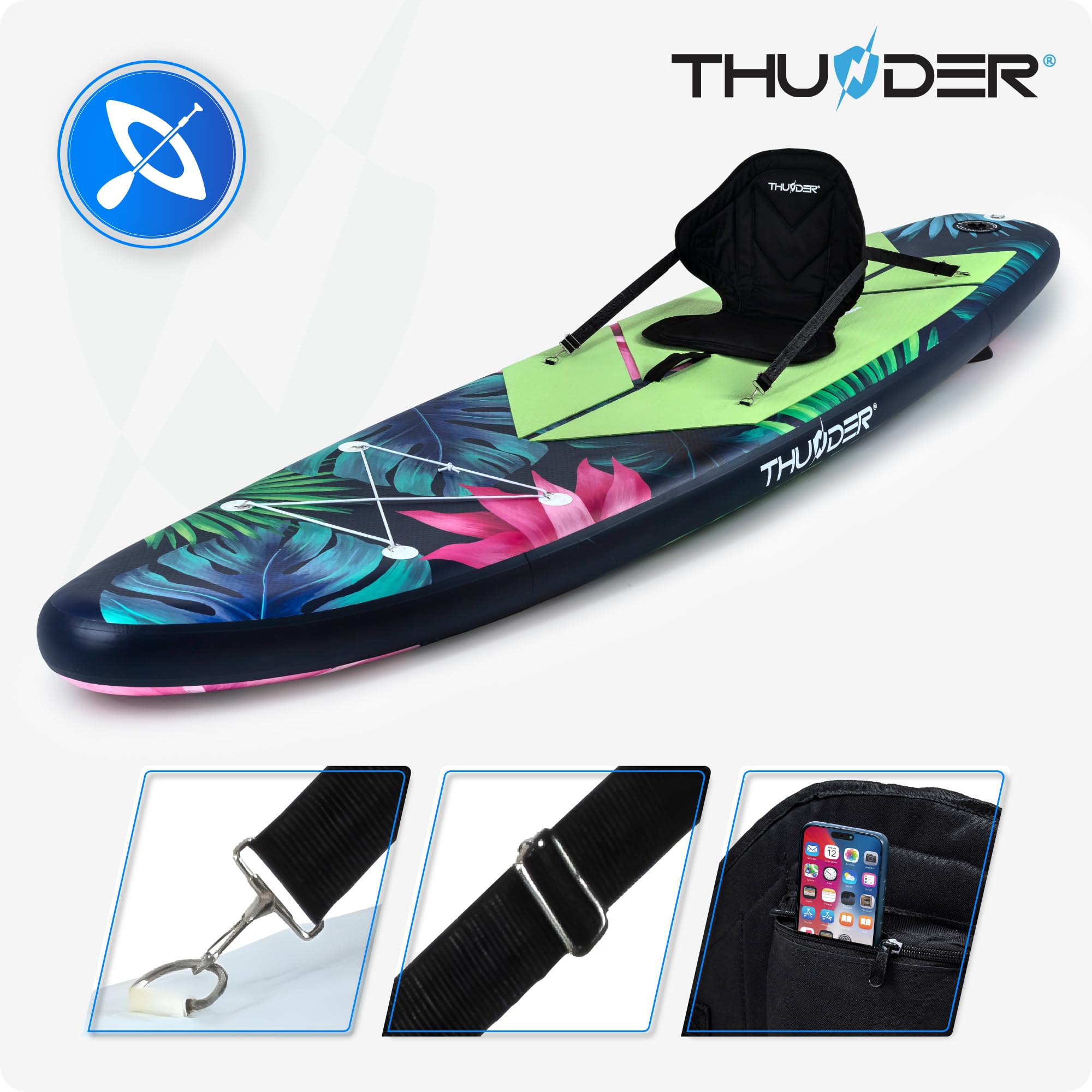 THUNDER Tabla de Sup Inflable de 320 cm con Asiento de Kayak – Set de Stand Up Paddle Board con Bomba, Remo y Mochila – Antideslizante para Adultos y Principiantes