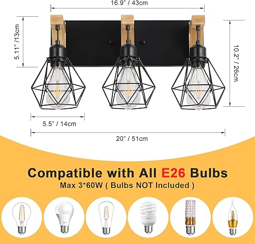 Miniatura 3 de Lámpara de tocador de baño de 3 luces, lámpara de baño de madera, apliques rústicos con elegante pantalla de metal para sala de estar, dormitorio,
