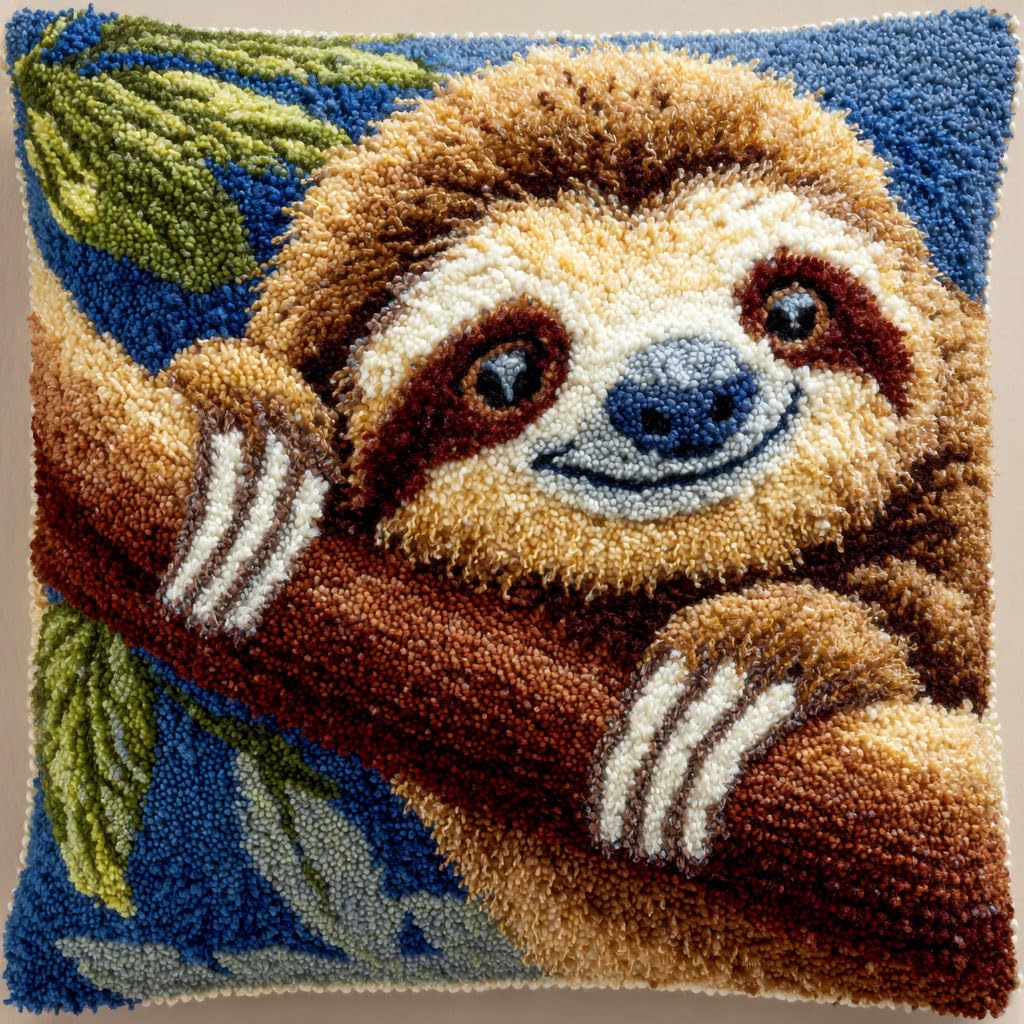 Taxpy Latch Hook Cushion Kits, Animal Sloth Pillow Cover Making Crochet Craft Kits Pre Printed Canvas Wool Yarn DIY Needlework Pillow Cover Sofa Cushion 43x43cm