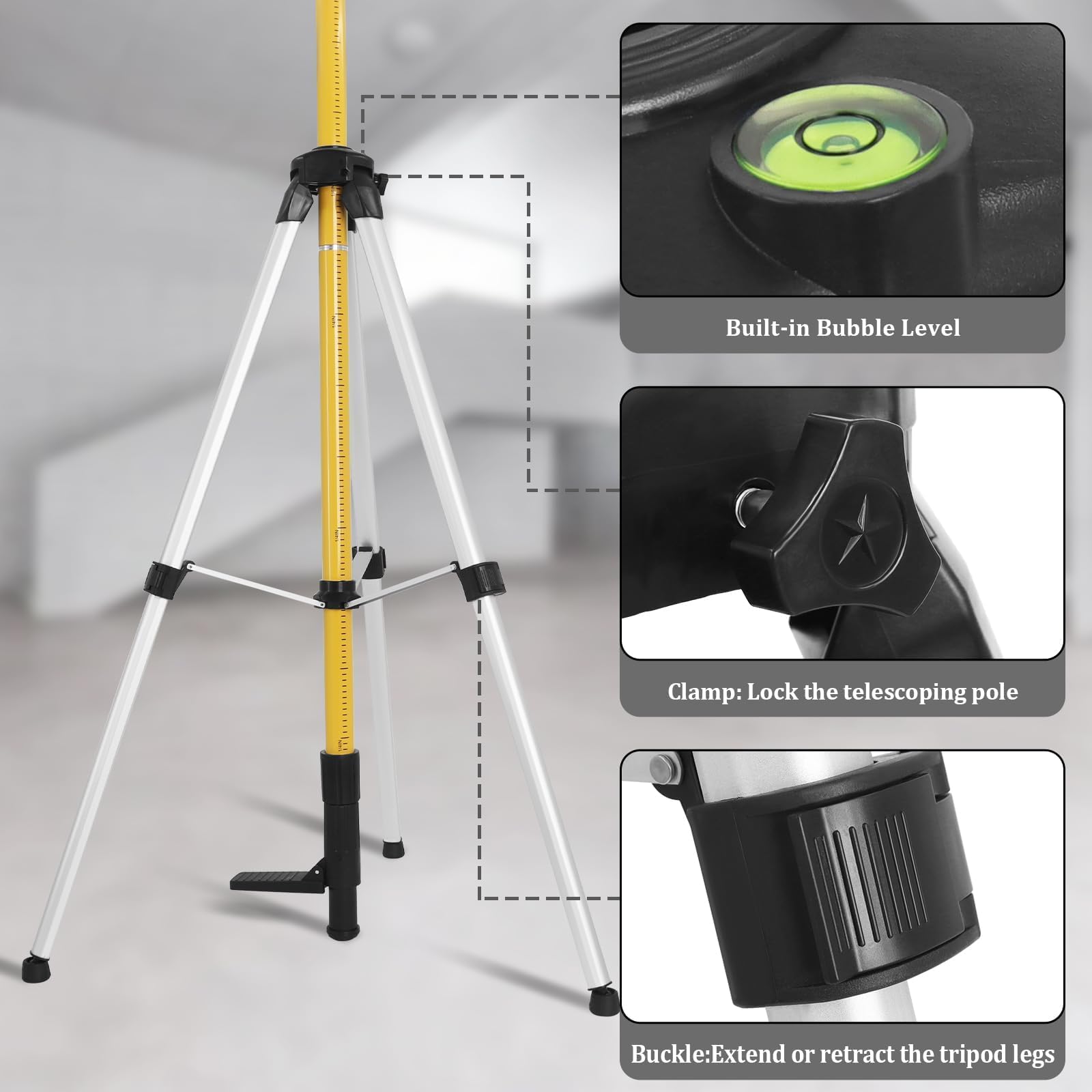 Perche Télescopique Réglable 3,7 m avec Trépied,Laser Level Tripod avec Base de Montage de 1/4“ x 20” et Adaptateur Fileté 5/8"-11 pour Les Niveaux Laser Rotatifs et Linéaires