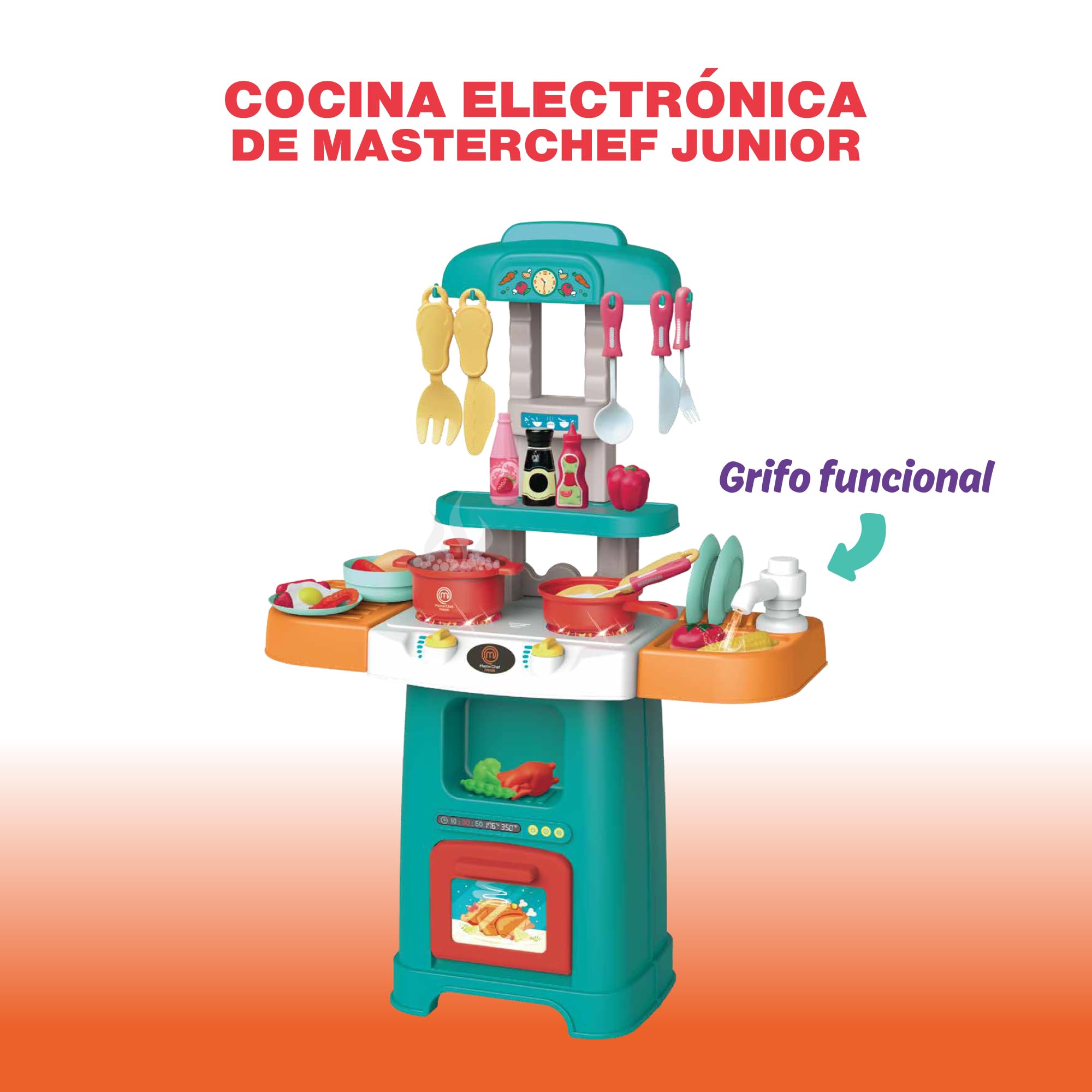 Masterchef Junior Play Kitchen - Cucina compatta con 31 accessori, luci e suoni realistici, include cibo in feltro e grembiule, facile da montare, funziona con 3 batterie AA, Famosa (MTE01000)