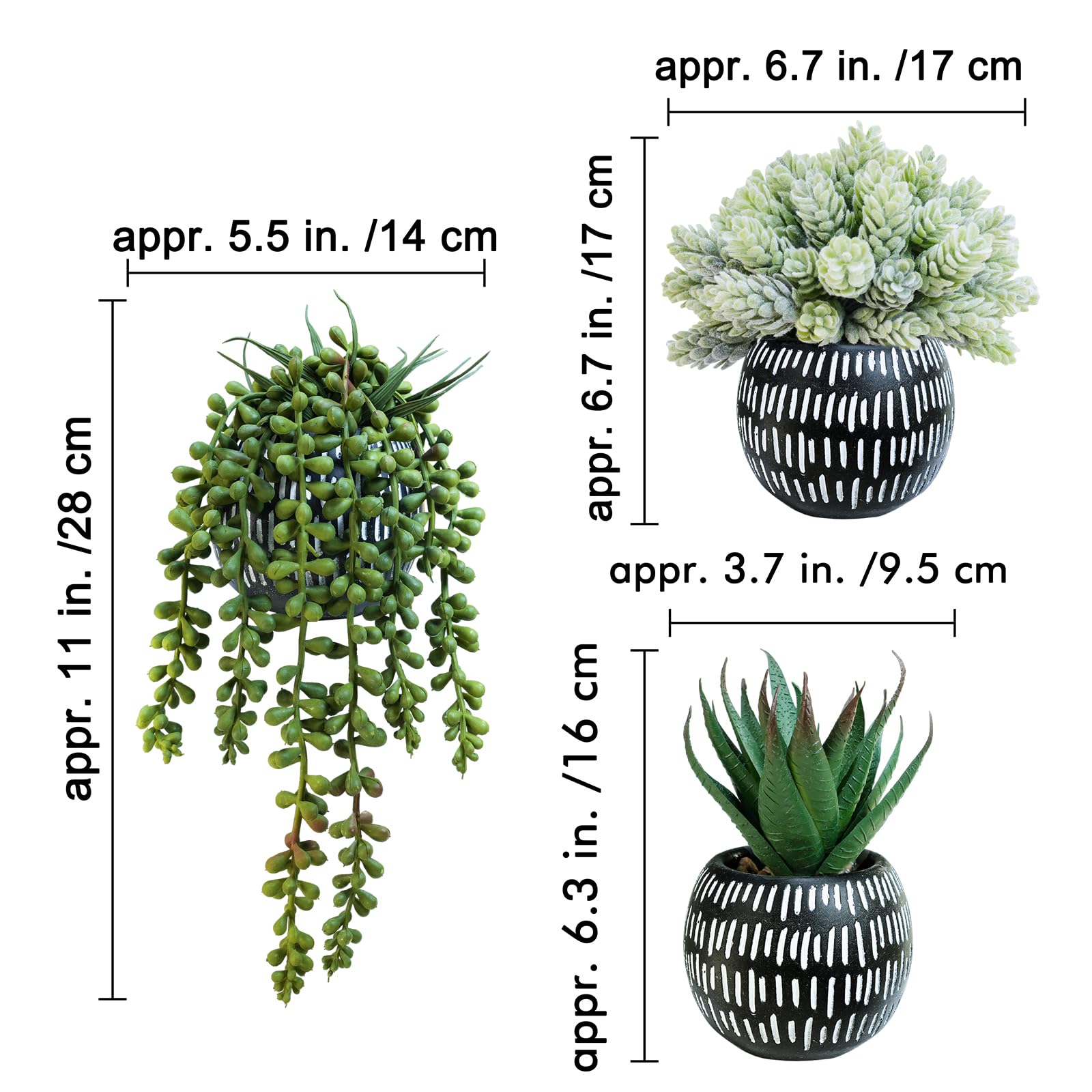 Winlyn Juego de 3 pequeñas plantas suculentas artificiales en maceta, lúpulo de aloe sintético, colgantes en macetas de hormigón negro, para regalo, hogar, oficina, baño, sala de estar, boda, alféizar