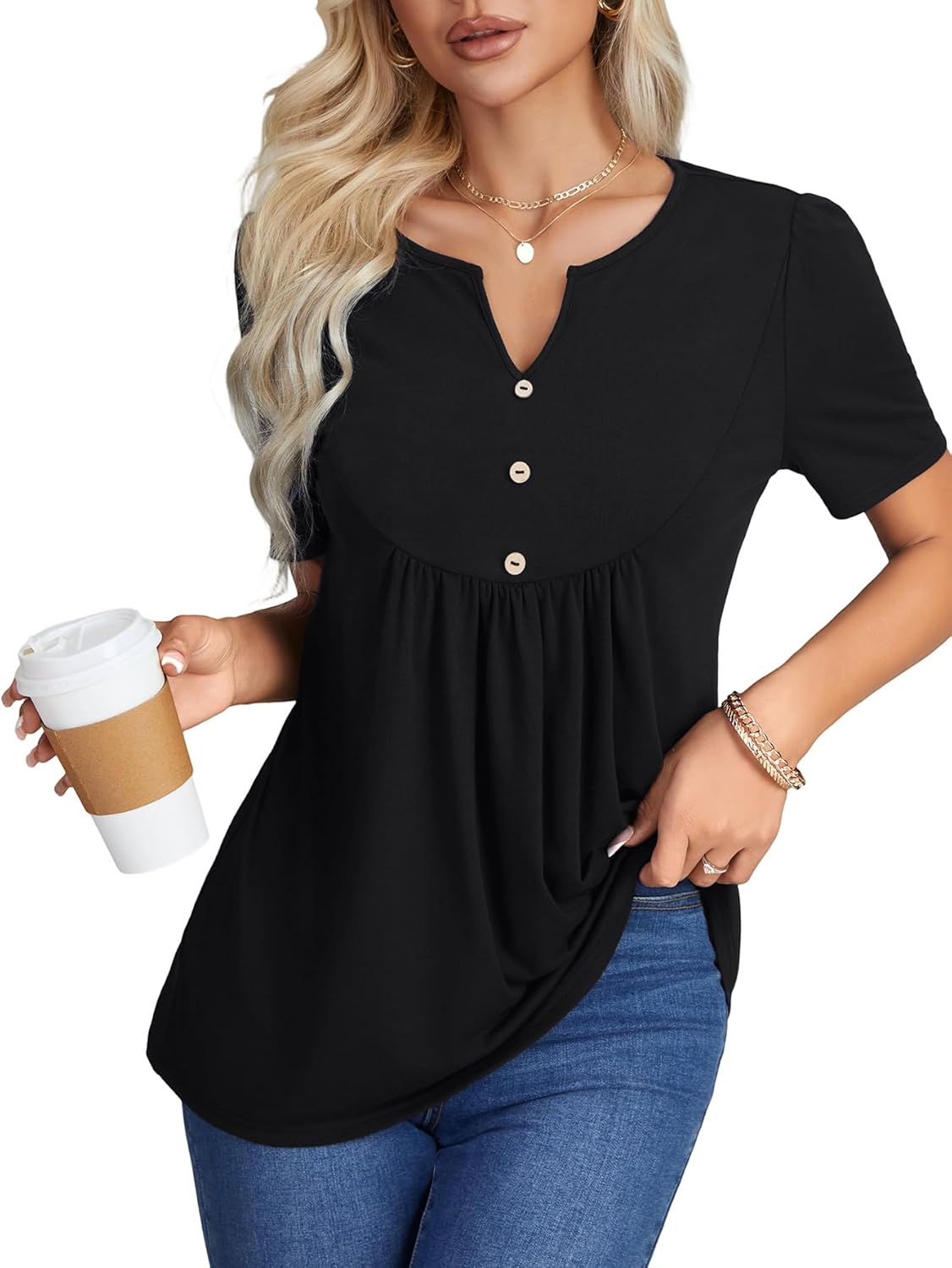 LYANER Women's Notch Neck Short Sleeve Ruched Pleated Flowy Dressy Casual Tunic Top - Image 2