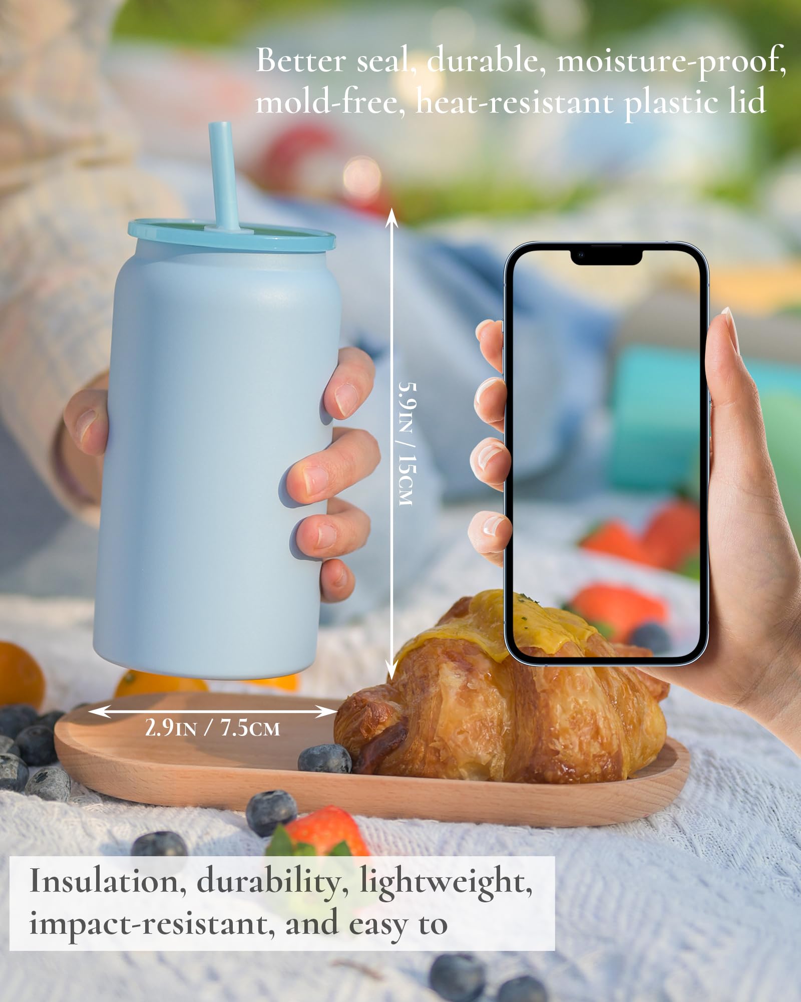 UIRZOTN Glass Cups With Lids and Straws, 16oz Stainless Steel Beer and Iced Coffee Cup, Smoothie Drinking Cup, Light Blue (Textured Matte Finish, Not Sublimatable)