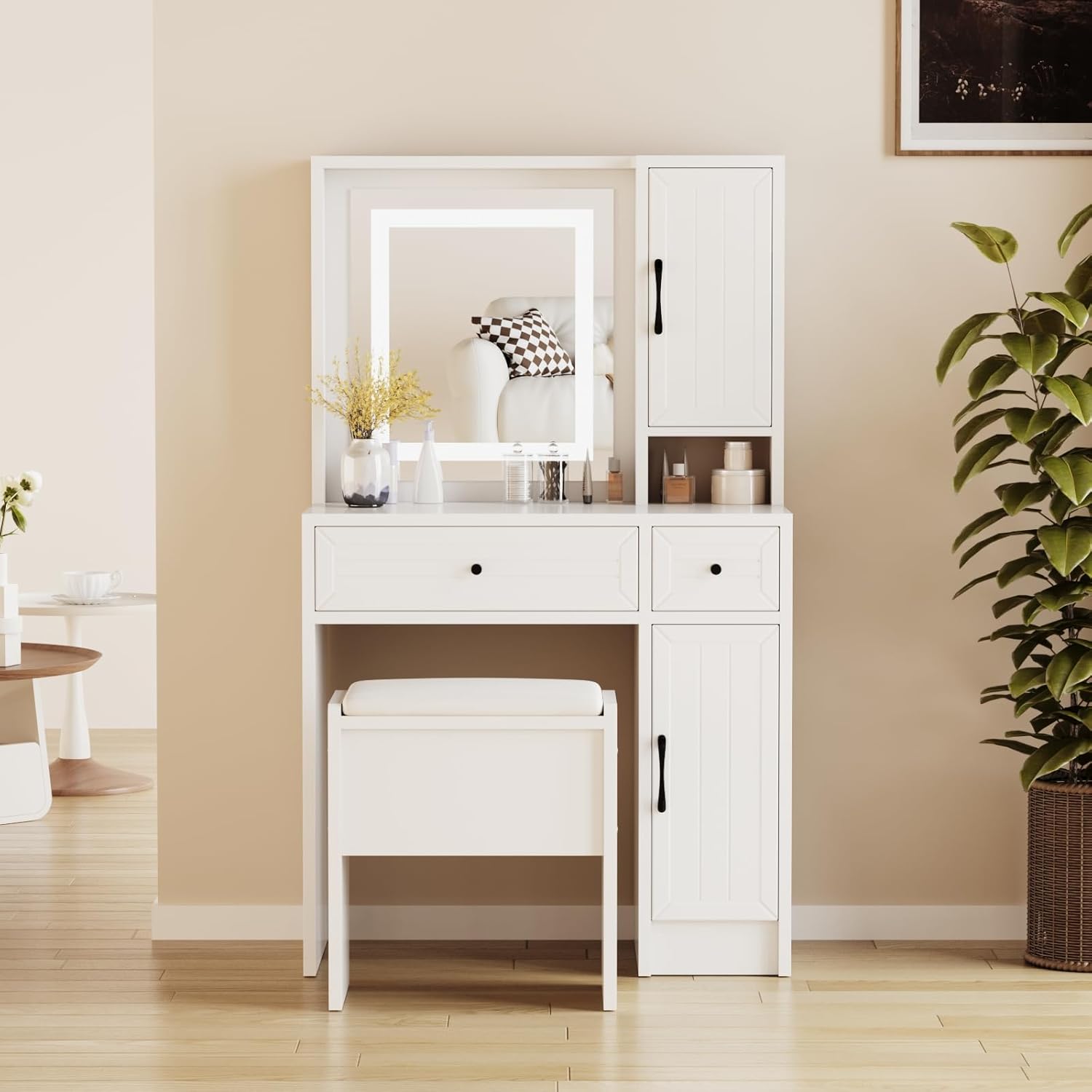 Makeup Vanity Desk Set with Mirror and Lights Stool Compact Dressing Table Storage Space Drawers Shelves 3 Lighting Modes for Bedroom or Dorm Room White