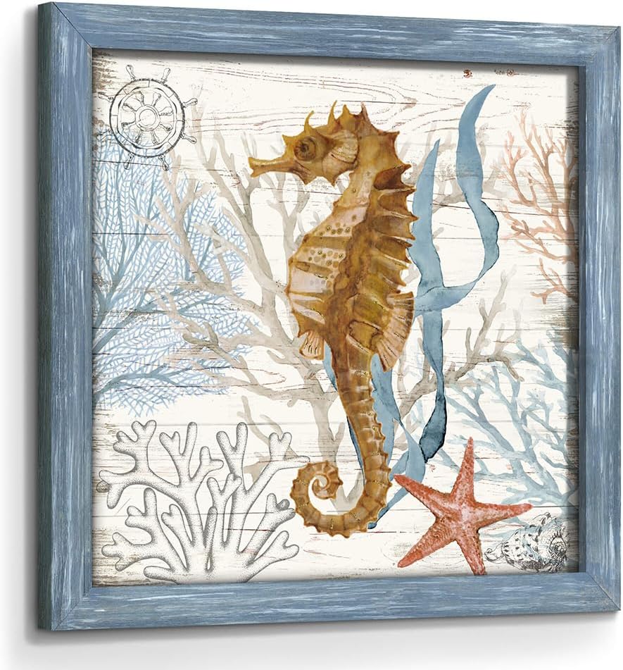 Seahorse Wooden Framed Wall Art Rustic Sea Creature