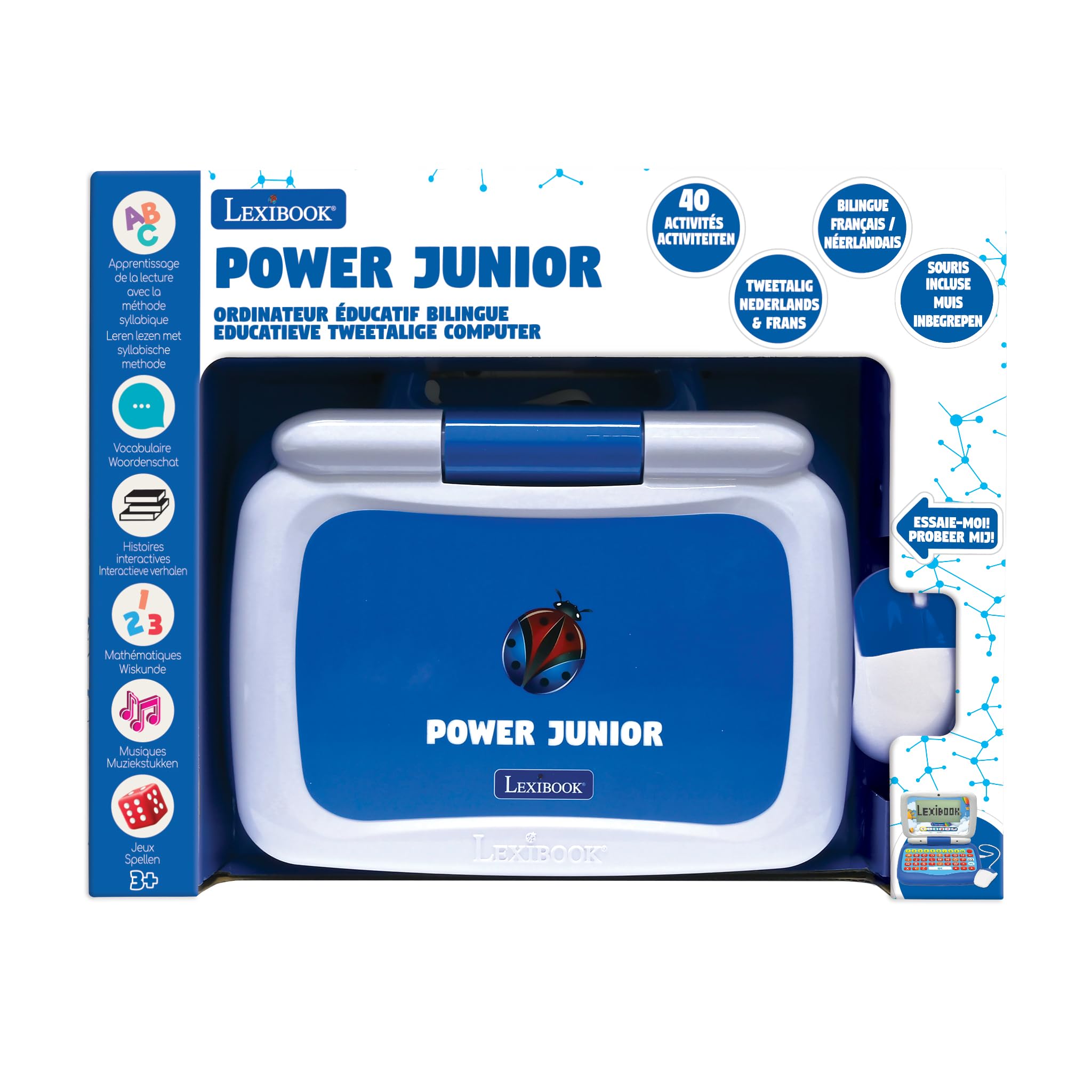 Lexibook, Power Junior, francuski/holenderski dwujęzyczny laptop edukacyjny z 40 aktywnościami, w tym nowy sposób nauki czytania i liczenia, JC398i10, niebieski/biały