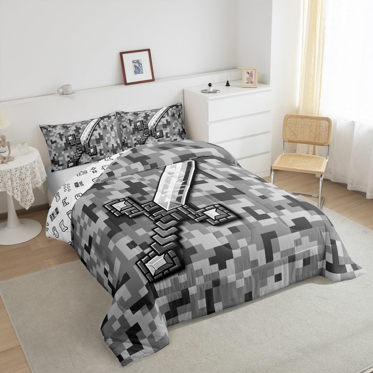 Castle Fairy Grey Pixel Style Comforter Set Twin Size,Geometric Miner Grid Bedding Sets 2Pcs for Kids Girls Boys Room Decor,Cool Sword Duvet Insert Video Games Quilted Duvet,1 Pillowcase image 3