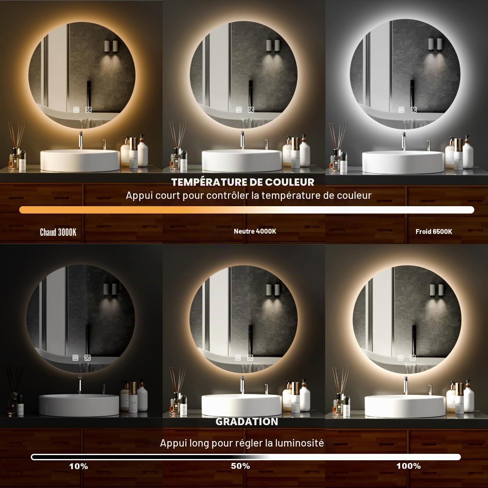 Miroir LED lavabo 80 cm rond Lumière rétroéclairée rasage douche Fixation murale sans buée Intensité variable 3 couleurs IP54