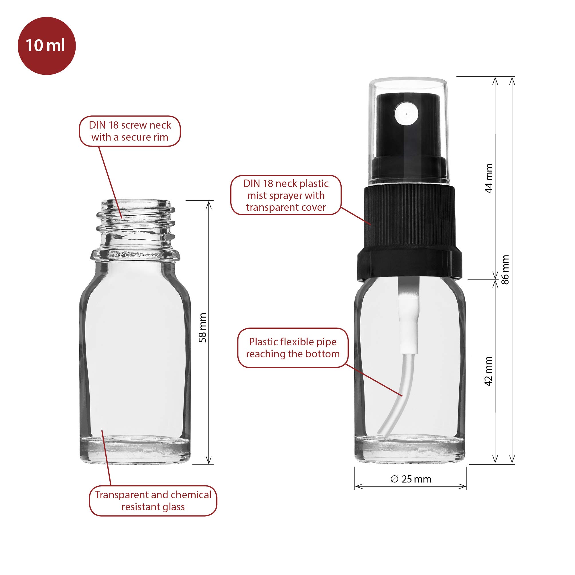 10ml-12 piezas de Botella de Vidrio para Rociador - Botellas de Vidrio Transparente para Farmacia con Botella de Vidrio Atomizador Negro Hecha de Vidrio Claro que incluye 29 Accesorios