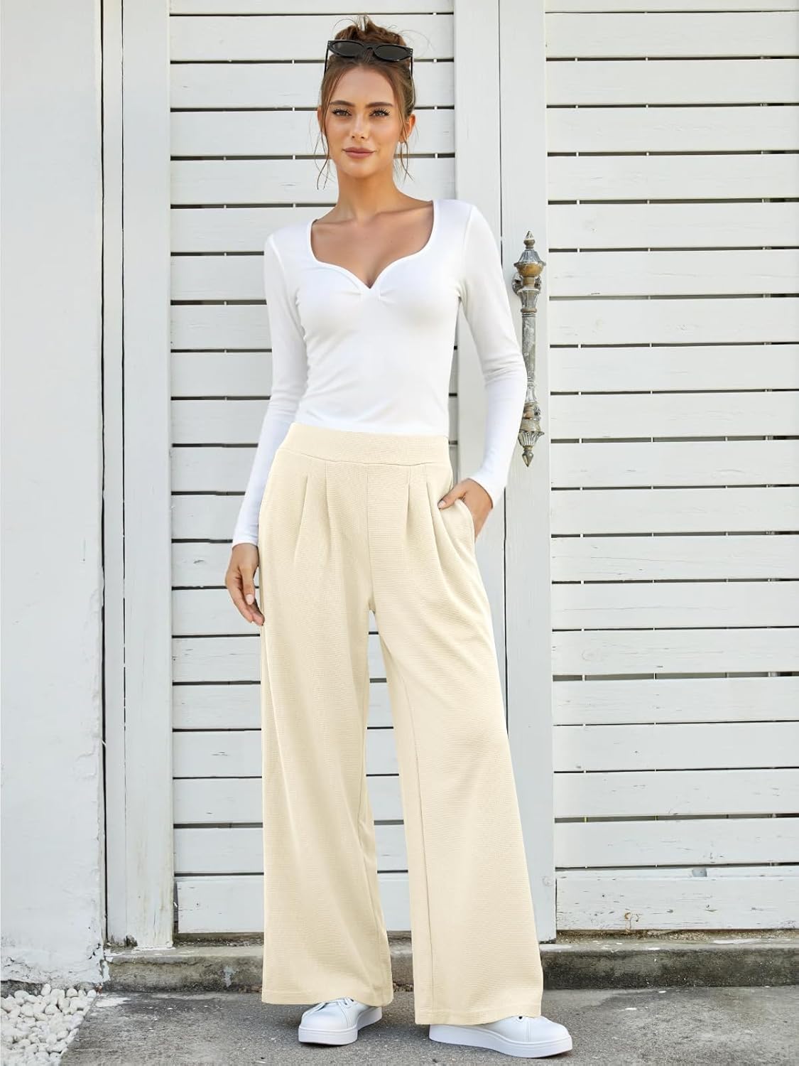 FireSwan Women's Wide Leg Pants Elastic High Waist Casual Palazzo Pants Trousers with Pockets - Image 2
