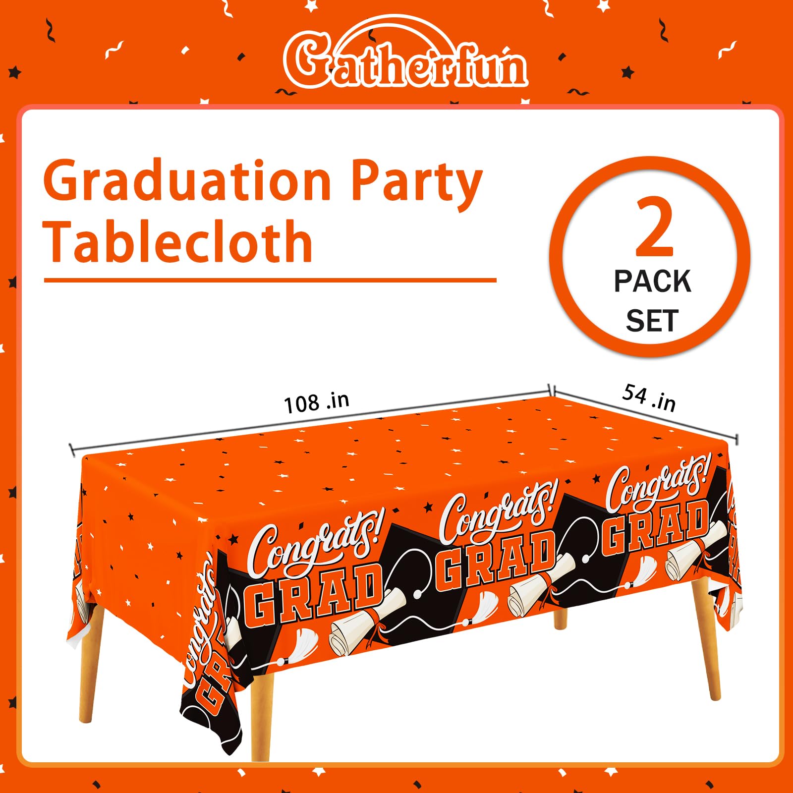 Gatherfun Graduation Decorations 2025 Kit - 2 Pcs Orange Gongrats Grad Tablecover for Party Decorations?Graduation Plastic Table Covers 54