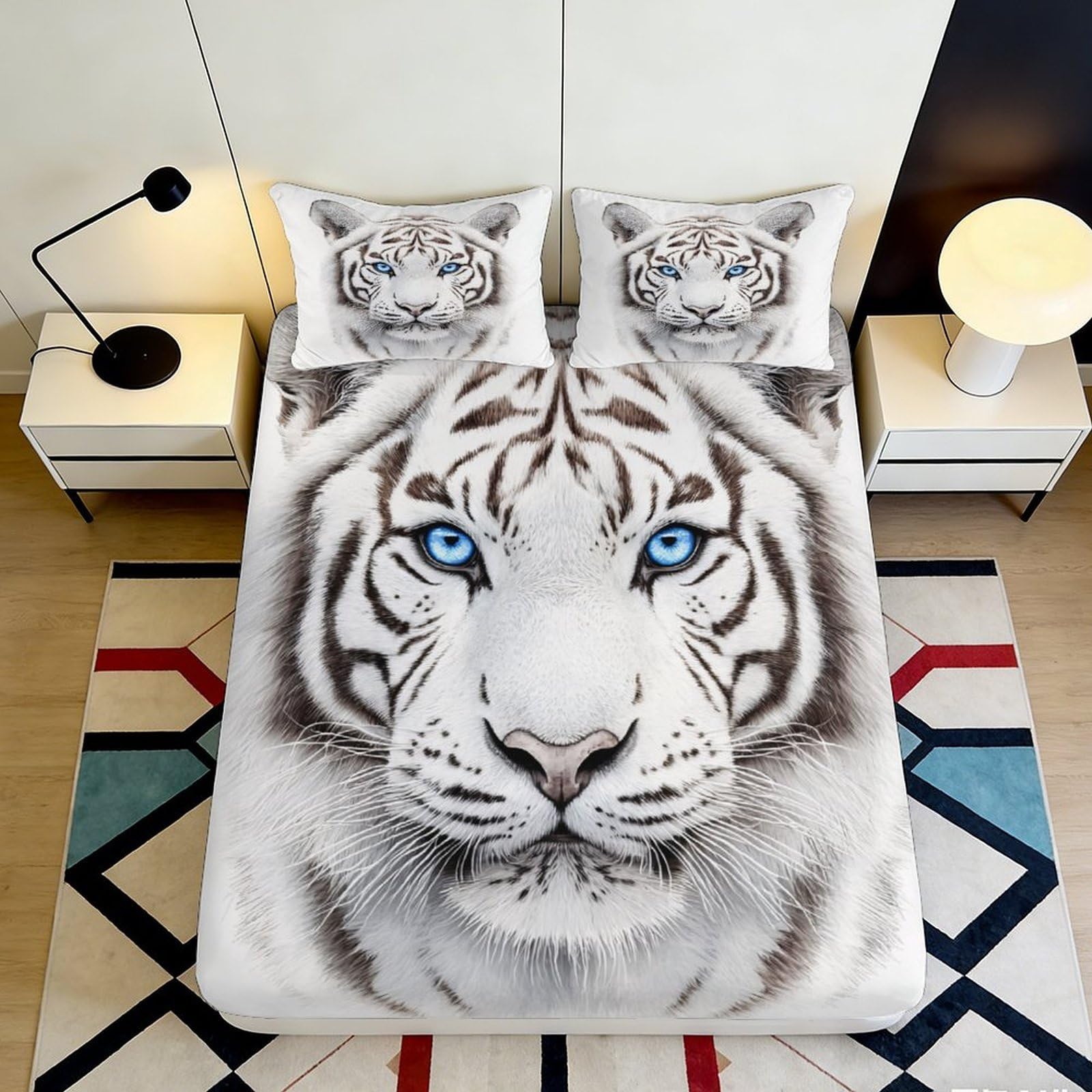 Decorative 3D Printed White Tiger Fitted Sheet, Microfiber Soft Touch, Bed Sheet for Home Bedroom, Guest Room Bedding, Wrinkle Resistant, Easy Care, 115 90x200x25cm