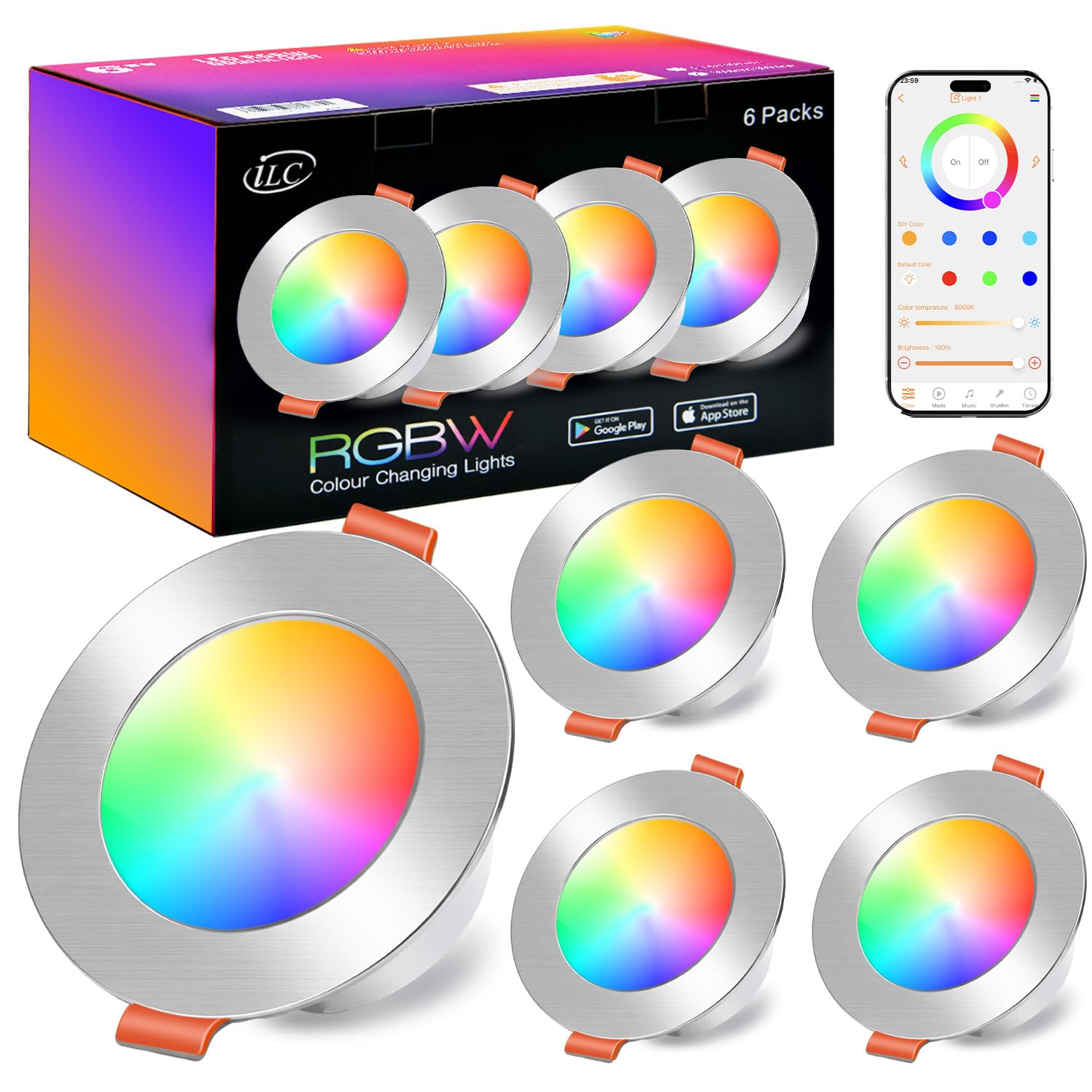 iLC LED Downlights for Ceiling, Work with Alexa(Echo Device Required) Φ68-85mm, Colour Changing DownLights, Nickel Smart Recessed Ceiling Lights with APP Control, 800LM, 2700K-6000K + RGB (Pack of 4)
