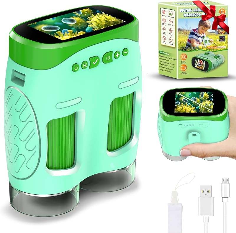 1000X Handheld Microscope for Kids : 4K 2.0" Screen Rechargeable Telescope and Camera Combo with 6 Slides, Perfect for Indoor Outdoor Exploration, Portable Edu for Age 3-12 Children