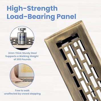 Howeall 2x10 Inches 2 Pack Heavy Duty Walkable Floor Register - Easy Adjust Air Supply Lever Decorative Floor Vent Covers - Boston Design Vent Covers for Home - Antique Brass
