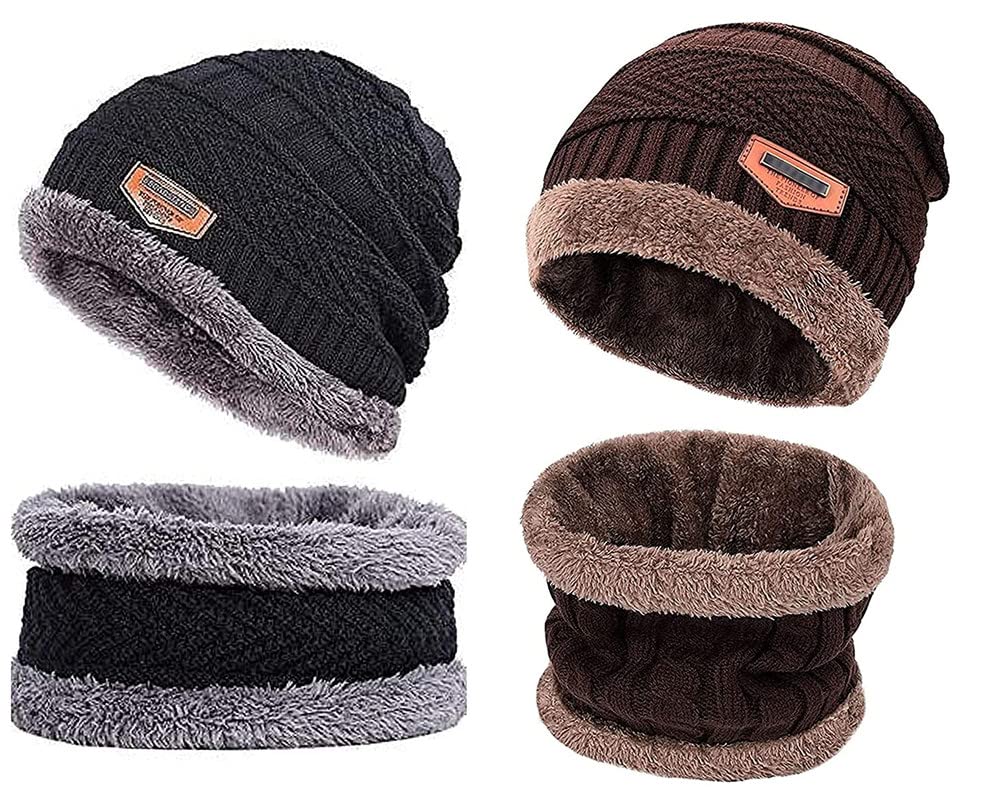 veteran 2 Pairs Men's & Women's Snow Proof,Inside Fur, Warm Woolen Cap with Neck Muffler/Neck Warmer/Scarf for Winters - Free Size (Black and Brown)(Unisex Beanie Cap with Neck Warmer Set)-picture-11