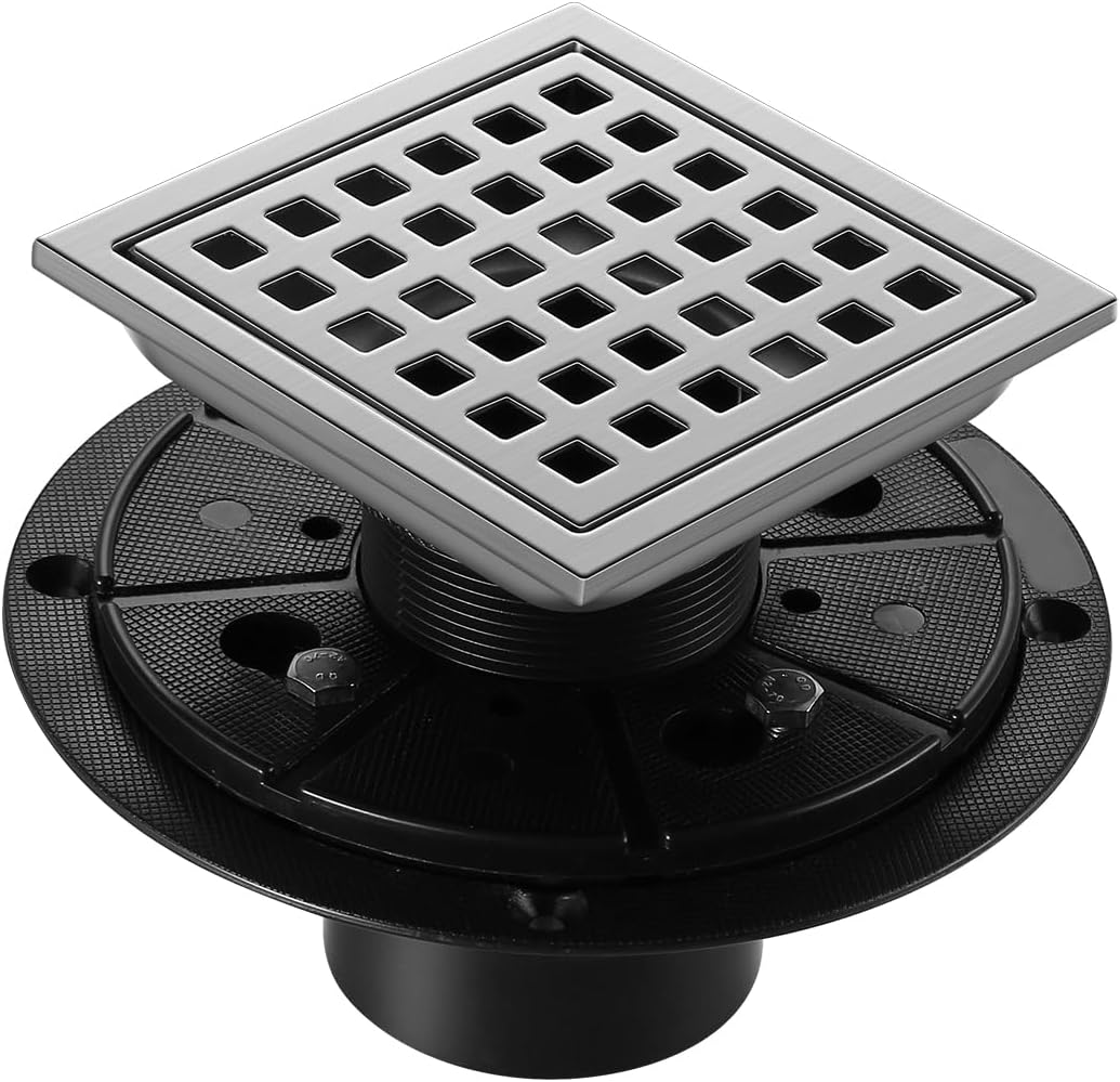 Shower Drain, Chrome 4 inch Square Shower Floor Drain with Flange, Silver Removeable Grid Panel SUS 304 Stainless Steel Square Shower Drain