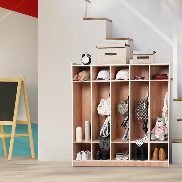 Finished 5-Section Coat Locker with 10 Cubbies, 2 Anti-Tip Kits, 4 Casters & 2 Storage Boxes, Wooden Classroom Storage Organizer for Daycare & Home Use - 2