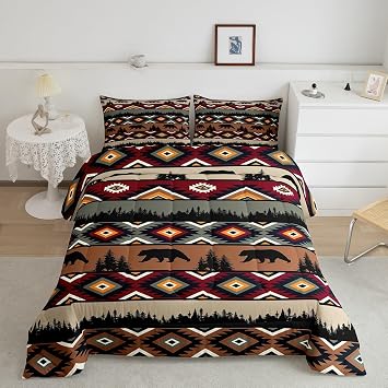 Bear Comforter Set King Size Kids Rustic Cabin Bedding Set for Boys Girls Teens Boho Aztec Duvet Insert Breathable Southwestern Ethnic Tribal Quilt Bedroom Decor,1 Comforter with 2 Pillowcase