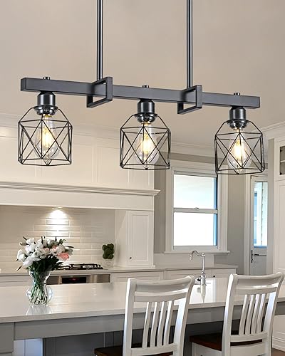 Miniatura 10 de Iluminación industrial de isla de cocina de 5 luces con barra de grano de madera y jaula de metal negro, lámpara de techo colgante rústica para 5