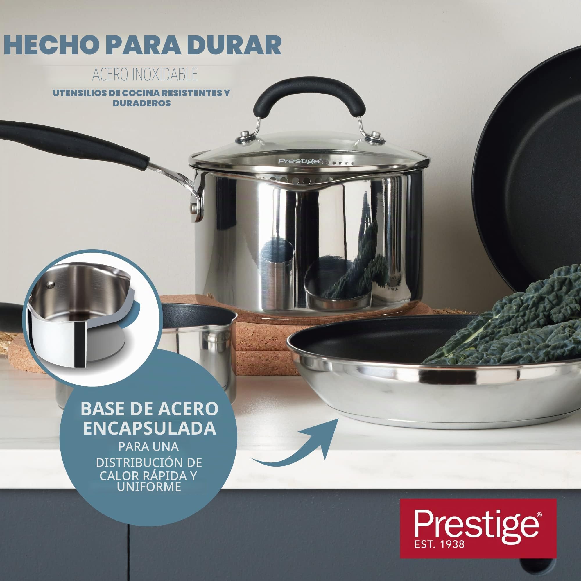 Prestige Juego de sartenes de acero inoxidable sin revestimiento hechas para durar, 21 cm, 25 cm, 29 cm, no tóxicas, compatibles con inducción, aptas para lavavajillas y horno