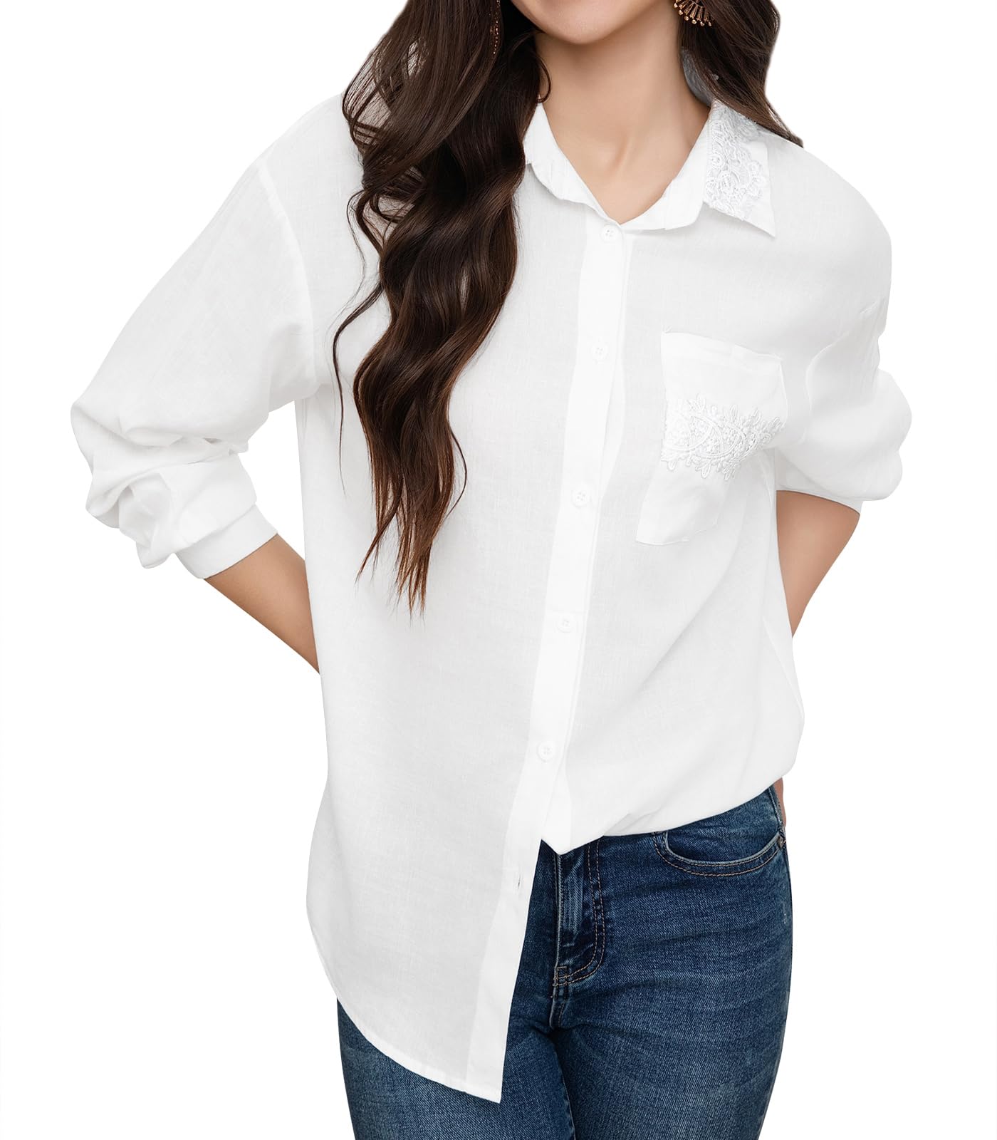 Camicetta da Donna Maniche Lunghe Camicia con Bottoni Blusa Ampia Leggera Manica Raglan Colletto della Camicia Ricamo Floreale Elegante con Taschino Tinta Unita Top Casual