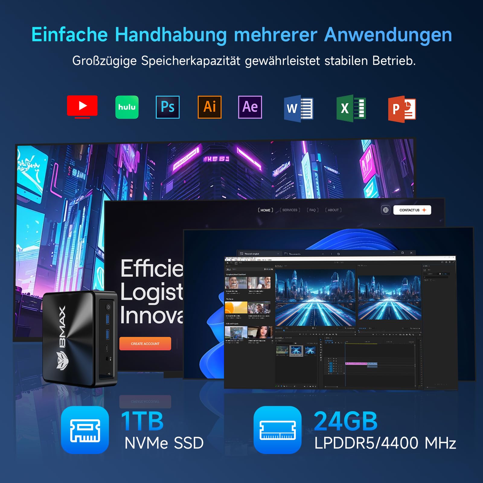 BMAX Mini PC B9 Power, Intel Core i9 12900H, 24GB LPDDR5 RAM, 1 TB NVMe SSD | Bis zu 5,0 GHz, Win 11 Pro, WiFi 6, 4K Dreifach-Display, Bluetooth 5.2, HDMI, USB-C, DP1.4a, Mini Computer für Gaming/Home