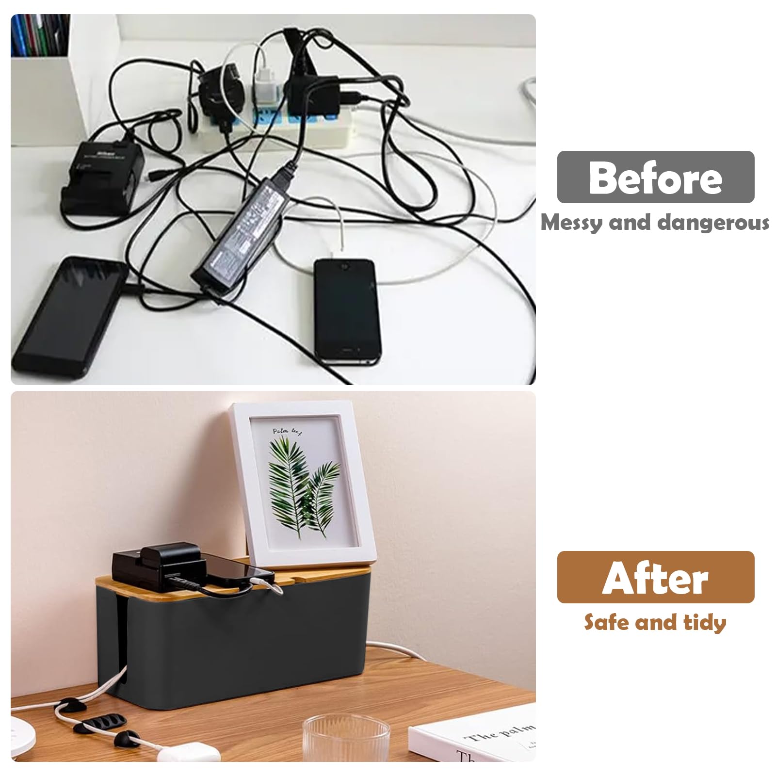 3 Piezas Caja Organizadora Cables, Caja Organizadora de Cables con Tapa de Madera Perforada, para Ocultar Enchufes, Tres Tamaños, Grande, Mediano y Pequeño, Negro