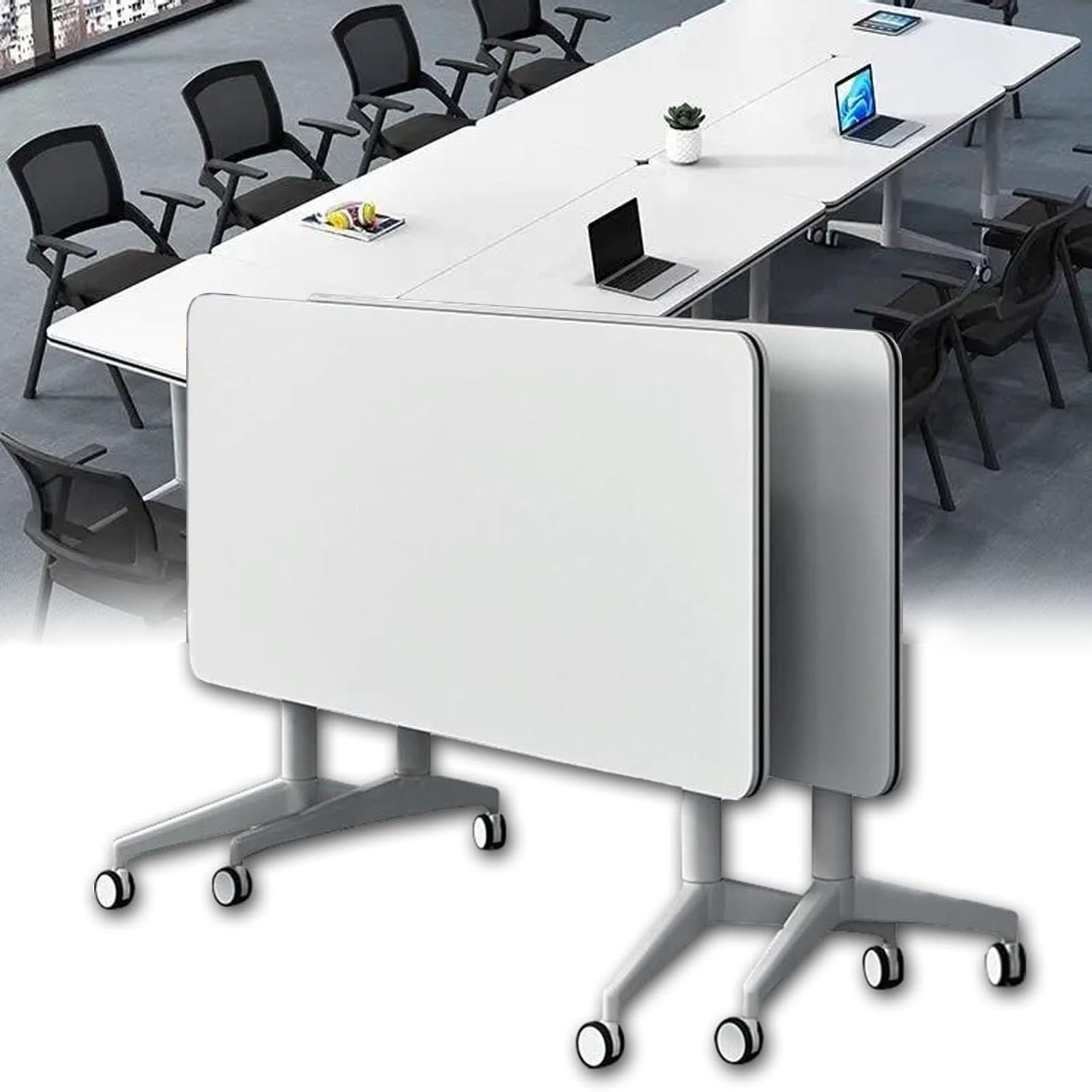 Set di tavoli pieghevoli per conferenze e riunioni - Tavoli in legno con piano ribaltabile e ruote per ufficio, aula, sala formazione - Arredamento salvaspazio per riunioni